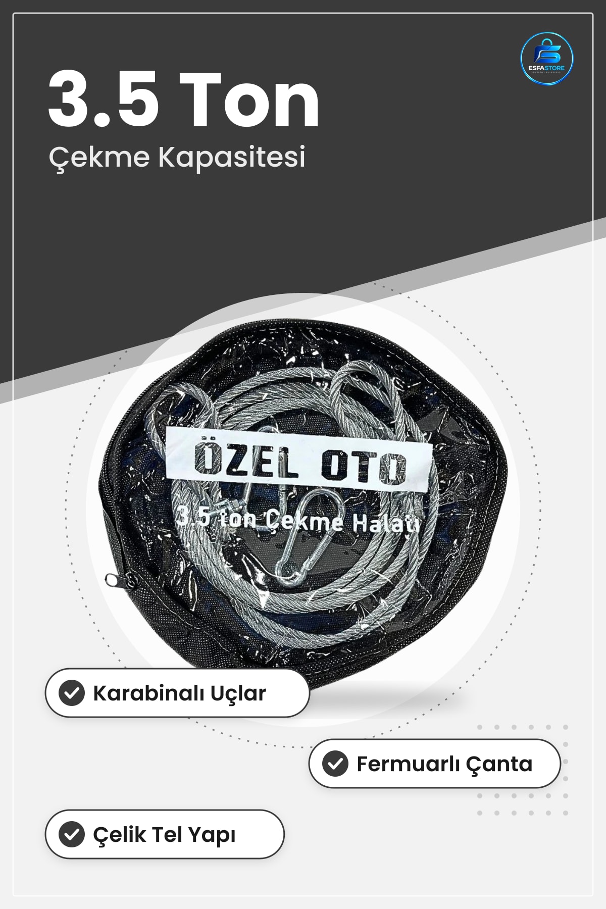 Çelik Araç Çekme Halatı 3.5 Ton Karabinalı Oto Yol Yardım Taşıma Çantalı Kullanışlı