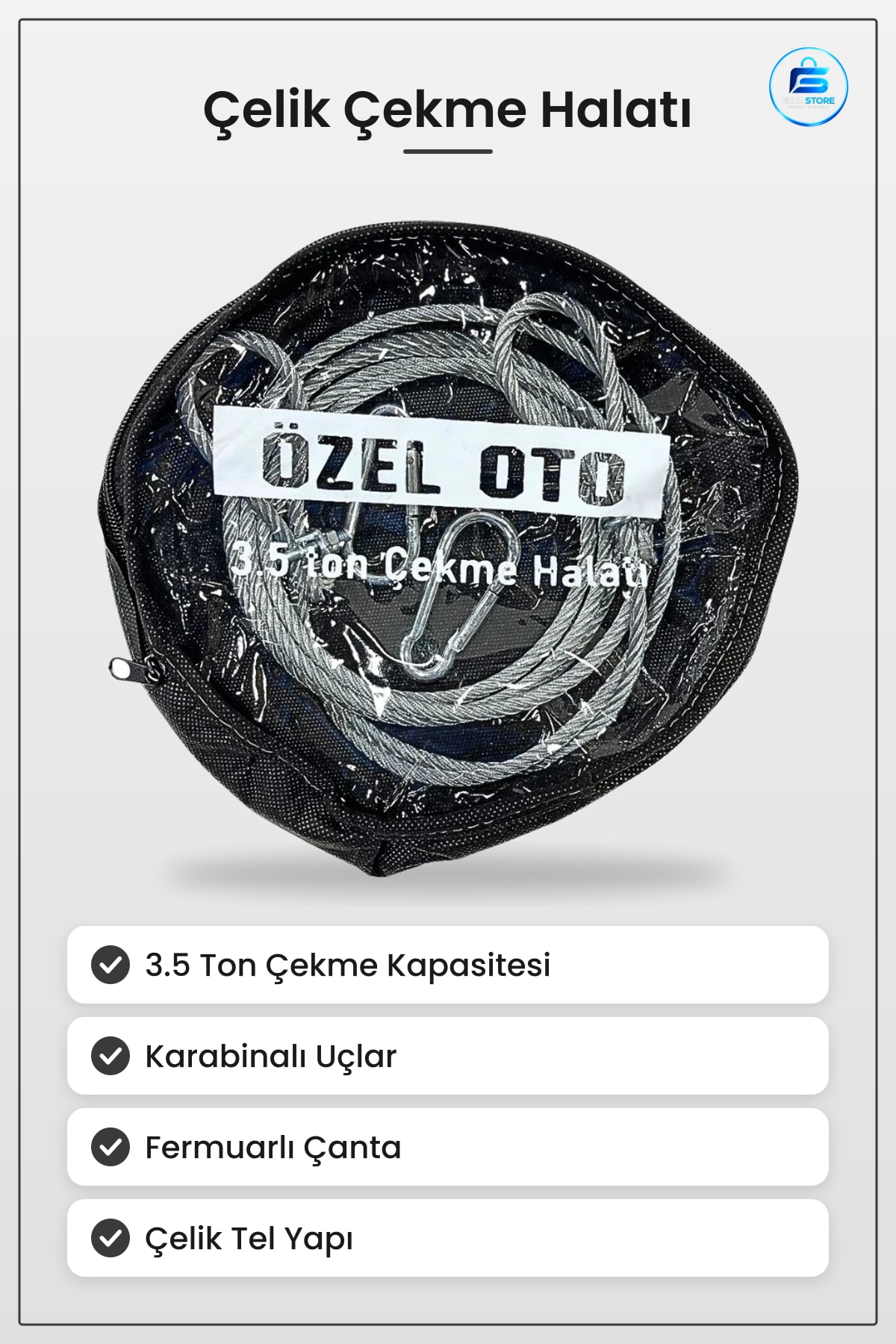 Çelik Araç Çekme Halatı 3.5 Ton Karabinalı Oto Yol Yardım Taşıma Çantalı Kullanışlı