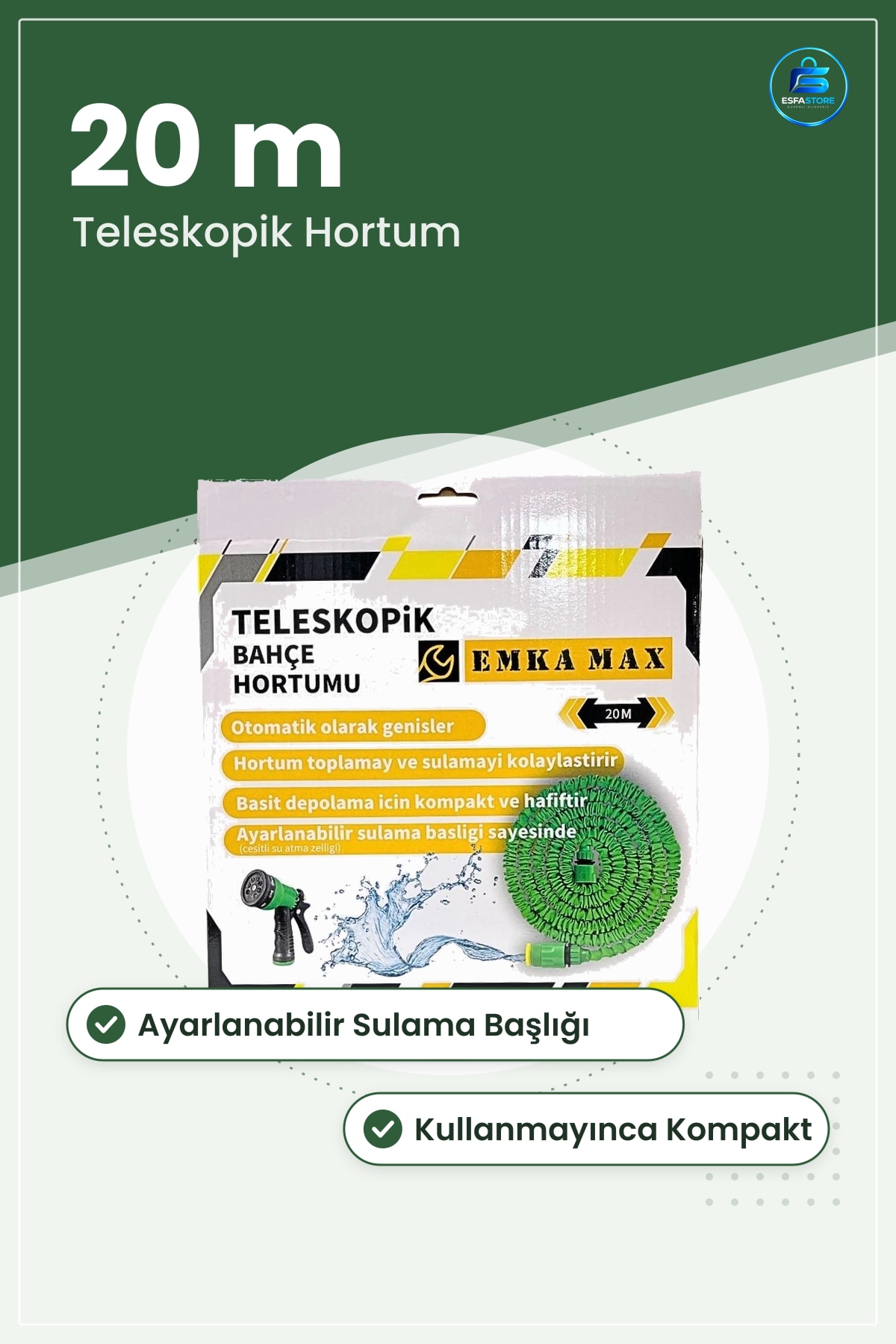 Teleskopik Bahçe Hortumu 20 m Yeşil Esnek Genleşen Sulama Hortum Toplama Ürünü Dış Mekan