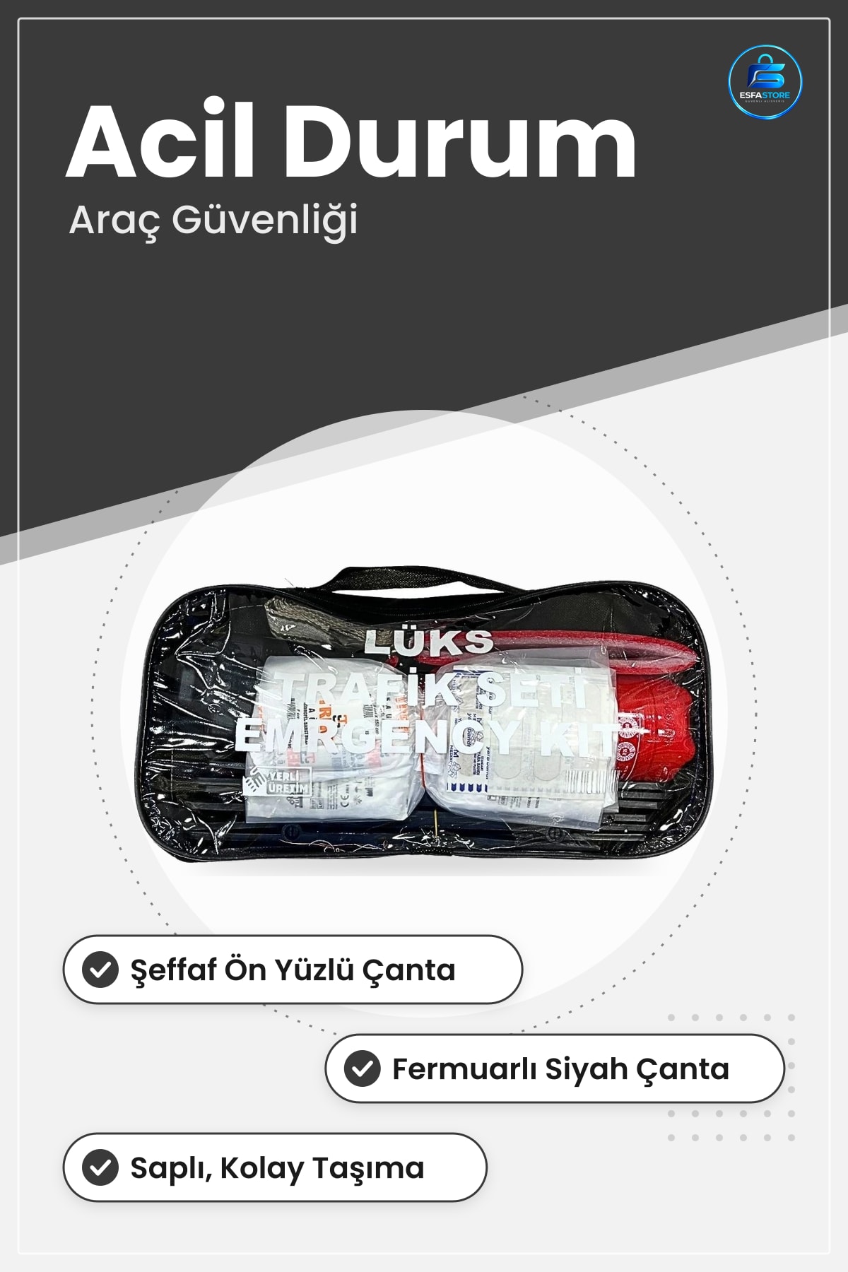 Trafik Acil Durum İlk Yardım Seti Kare Lüks Şeffaf Çantalı Araç Güvenliği Ekipmanı