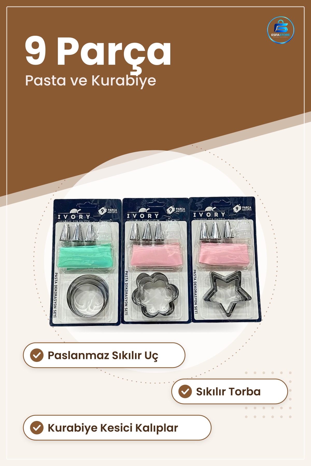 Pasta Dekorasyon Seti 9 Parça Kurabiye Kesici Paslanmaz Uç Sıkılır Torba Mutfak Pişirme Ev