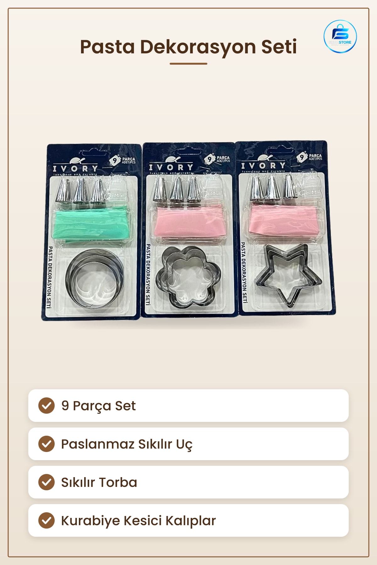 Pasta Dekorasyon Seti 9 Parça Kurabiye Kesici Paslanmaz Uç Sıkılır Torba Mutfak Pişirme Ev