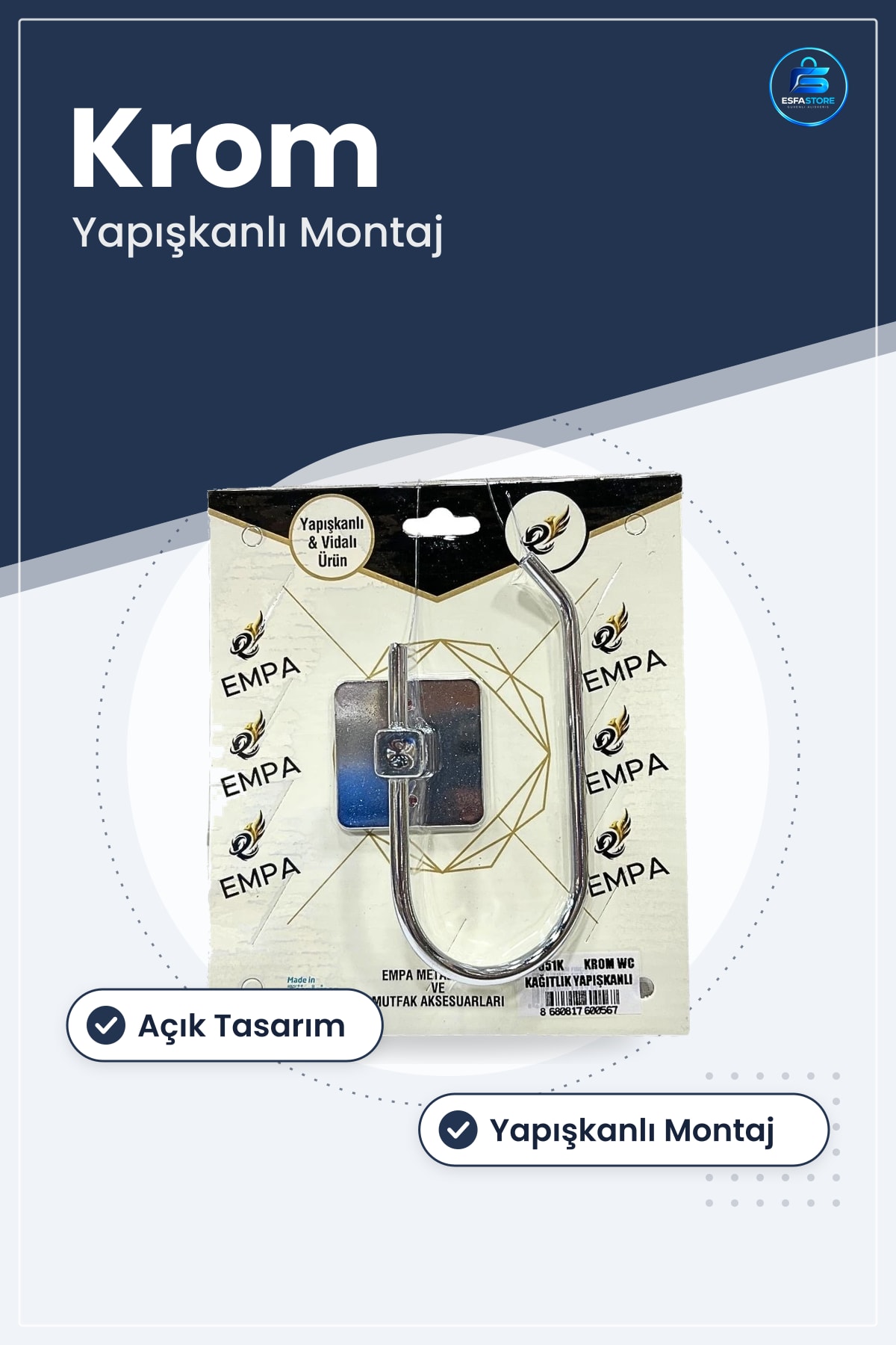 WC Kağıtlığı Krom Açık Yapışkanlı Duvar Tipi Tuvalet Kağıdı Tutucu Banyo Aksesuarı Montaj