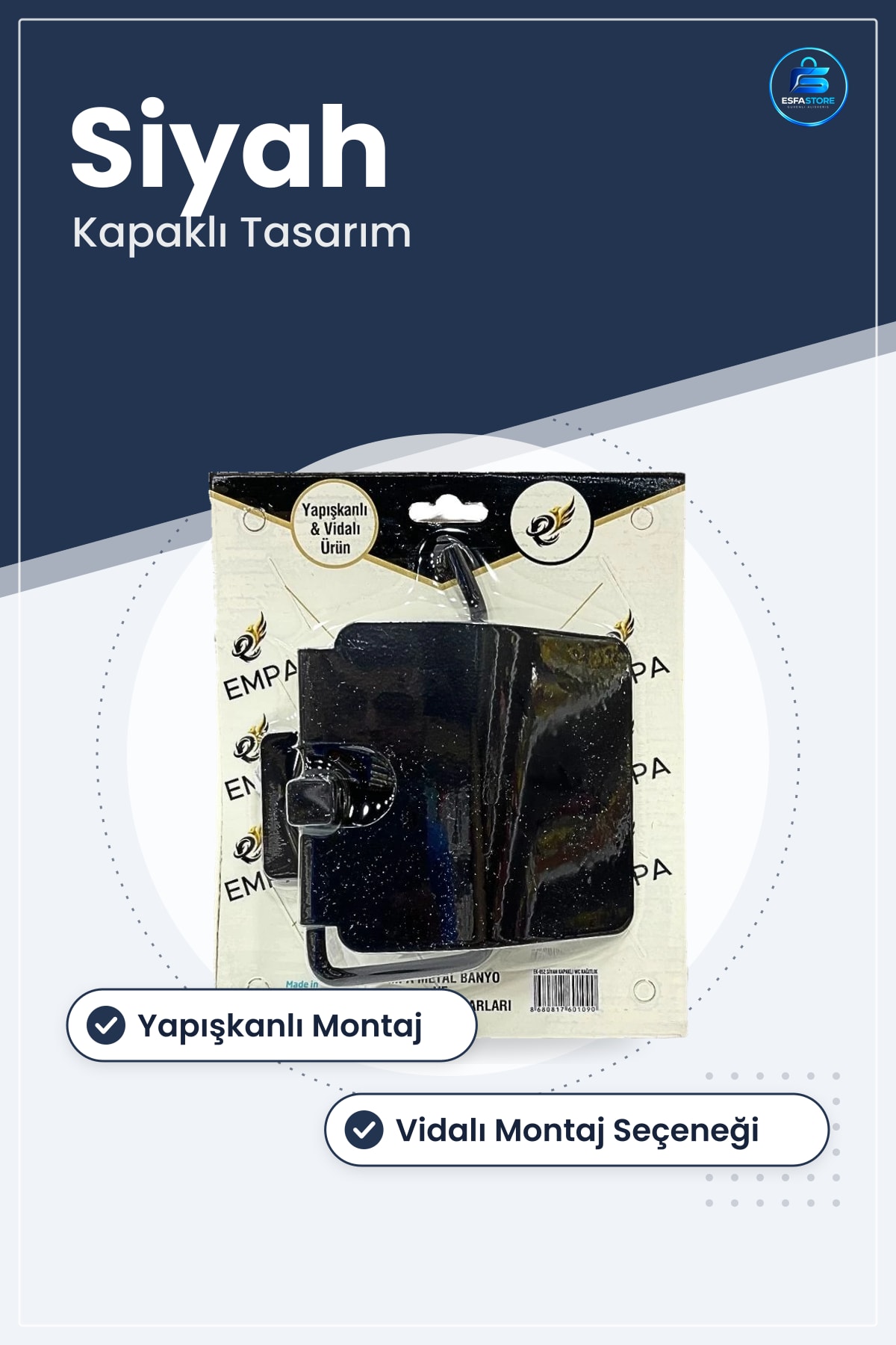 WC Kağıtlığı Siyah Kapaklı Yapışkanlı Vidasız Montaj Tuvalet Kağıt Tutucu Banyo Metal Aksesuar