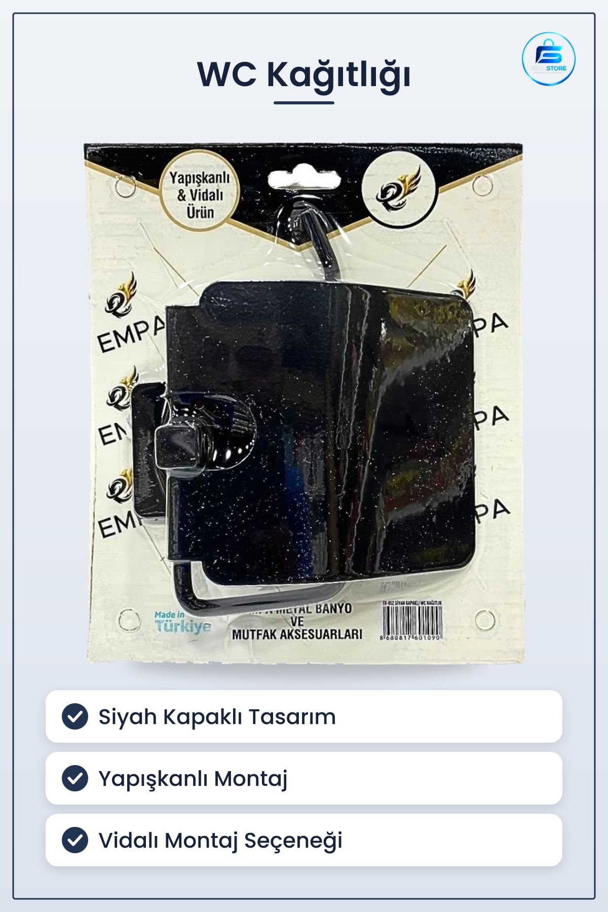 WC Kağıtlığı Siyah Kapaklı Yapışkanlı Vidasız Montaj Tuvalet Kağıt Tutucu Banyo Metal Aksesuar