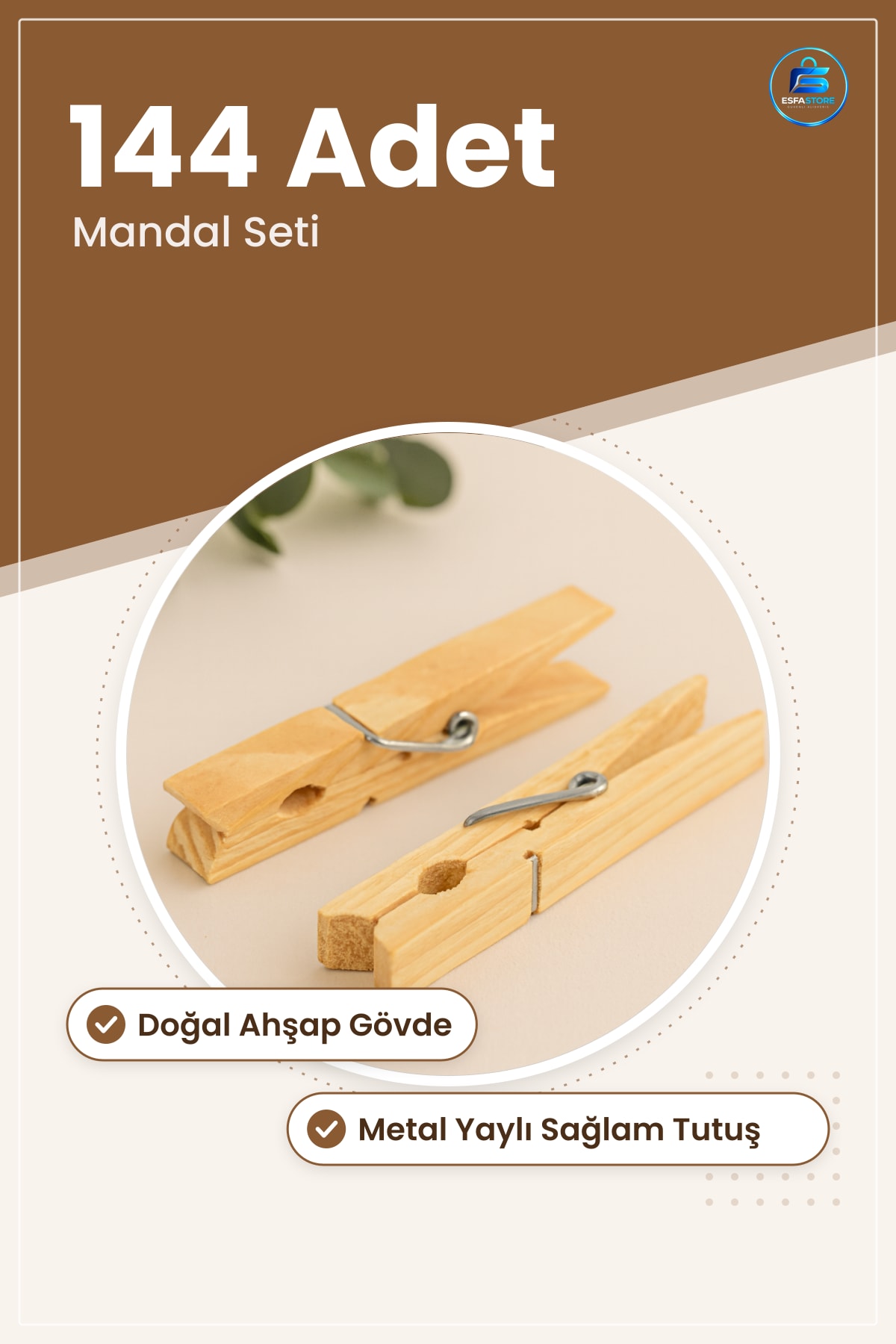 Mandal Doğal Ahşap 144 Adet Dayanıklı Sağlam Tutuşlu Çamaşır İpi Mandalı Seti Ev Kullanımı