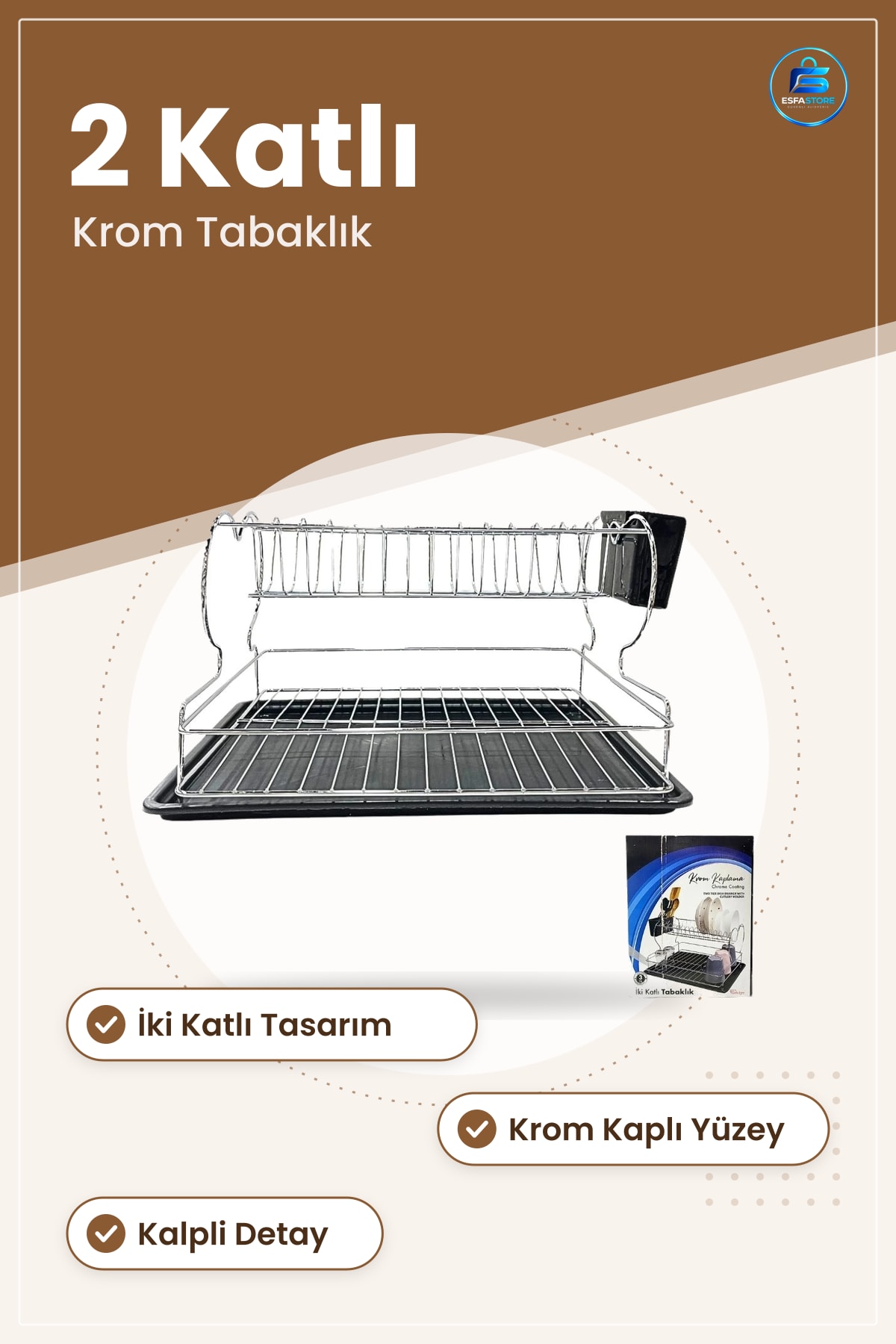 Tabaklık Krom Kalpli İki Katlı Mutfak Düzenleyici Bulaşık Kurutma Rafı Tepsili Tabak Standı