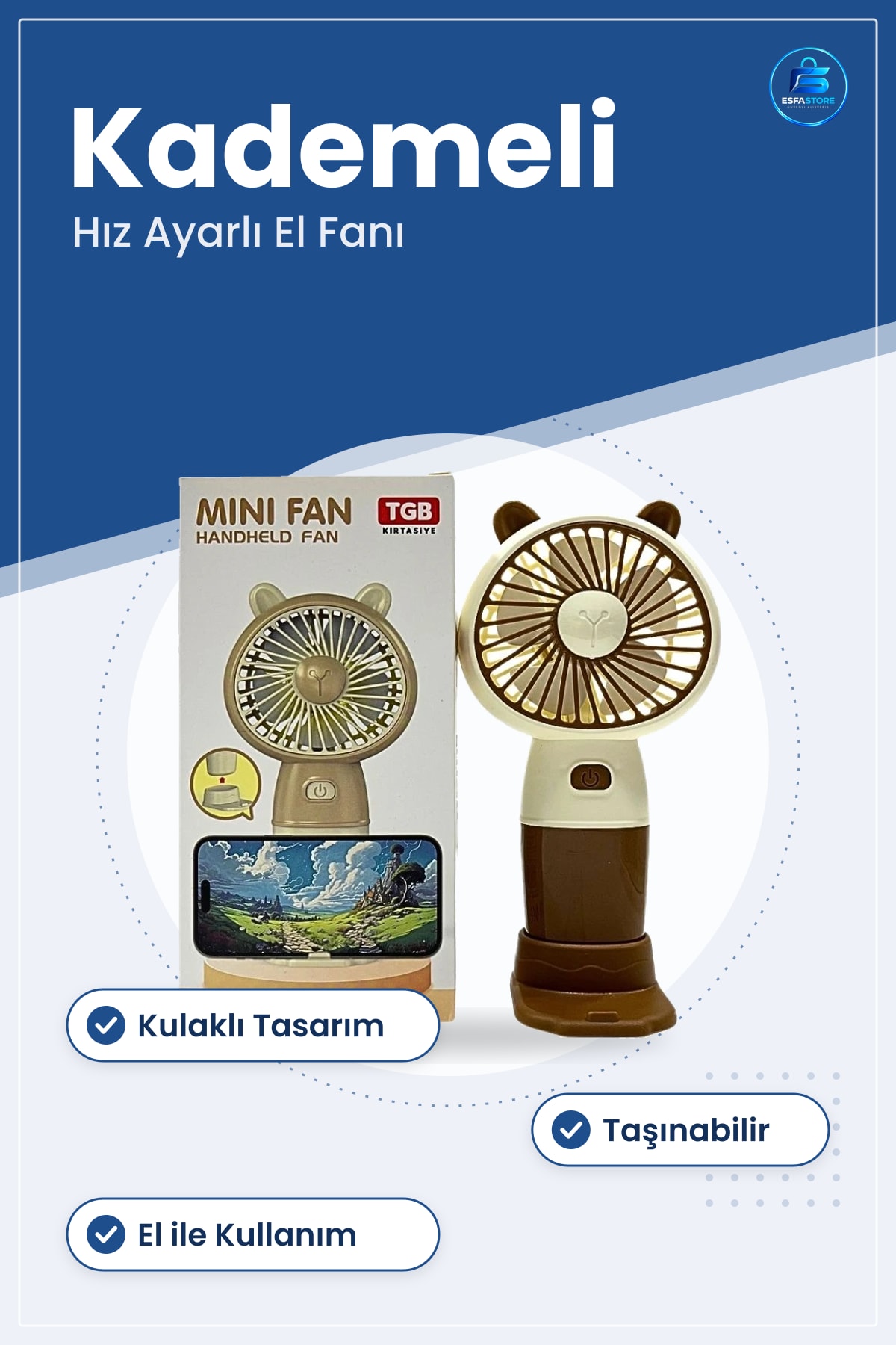 El Fanı Kulaklı Mini Vantilatör Kademeli Hız Ayarlı Taşınabilir Kolay Kullanım Ev Ofis