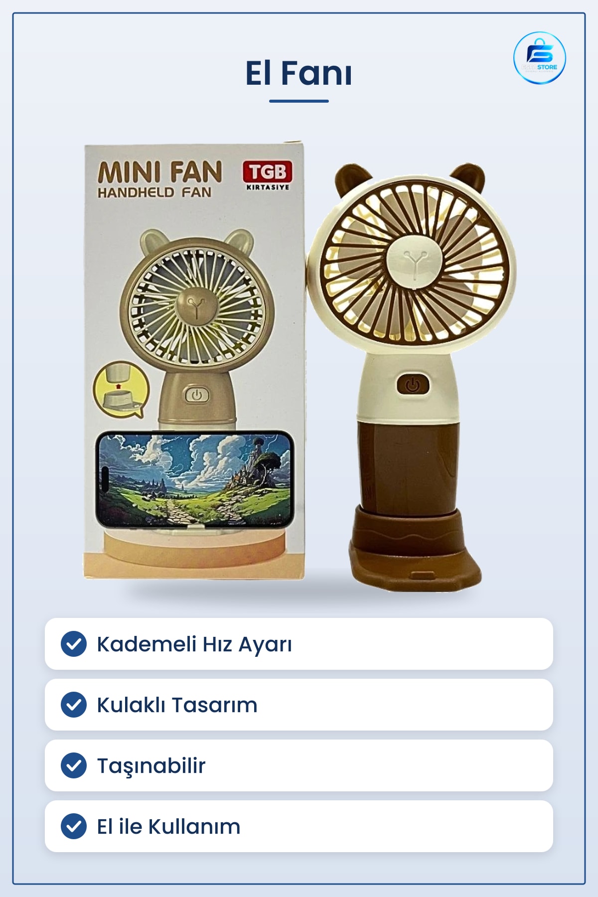 El Fanı Kulaklı Mini Vantilatör Kademeli Hız Ayarlı Taşınabilir Kolay Kullanım Ev Ofis