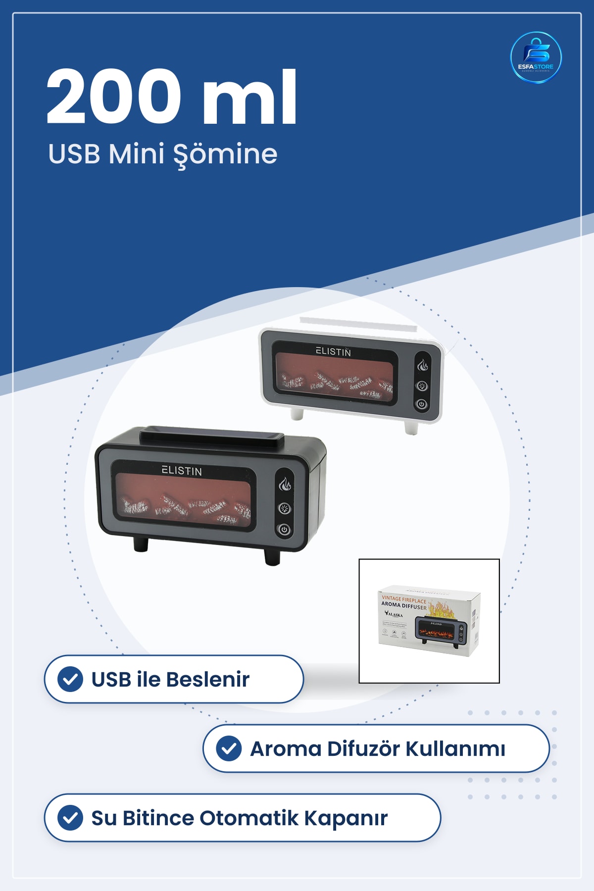 Hava Nemlendirici Mini Şömine 200ml USB Işıklı Aroma Difüzör Esansiyel Ofis Yatak Odası