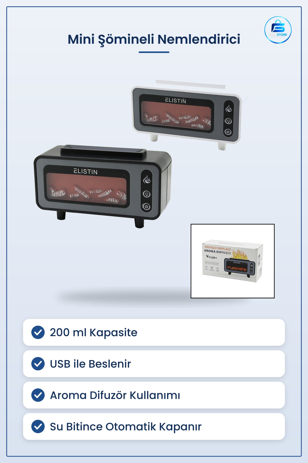 Hava Nemlendirici Mini Şömine 200ml USB Işıklı Aroma Difüzör Esansiyel Ofis Yatak Odası