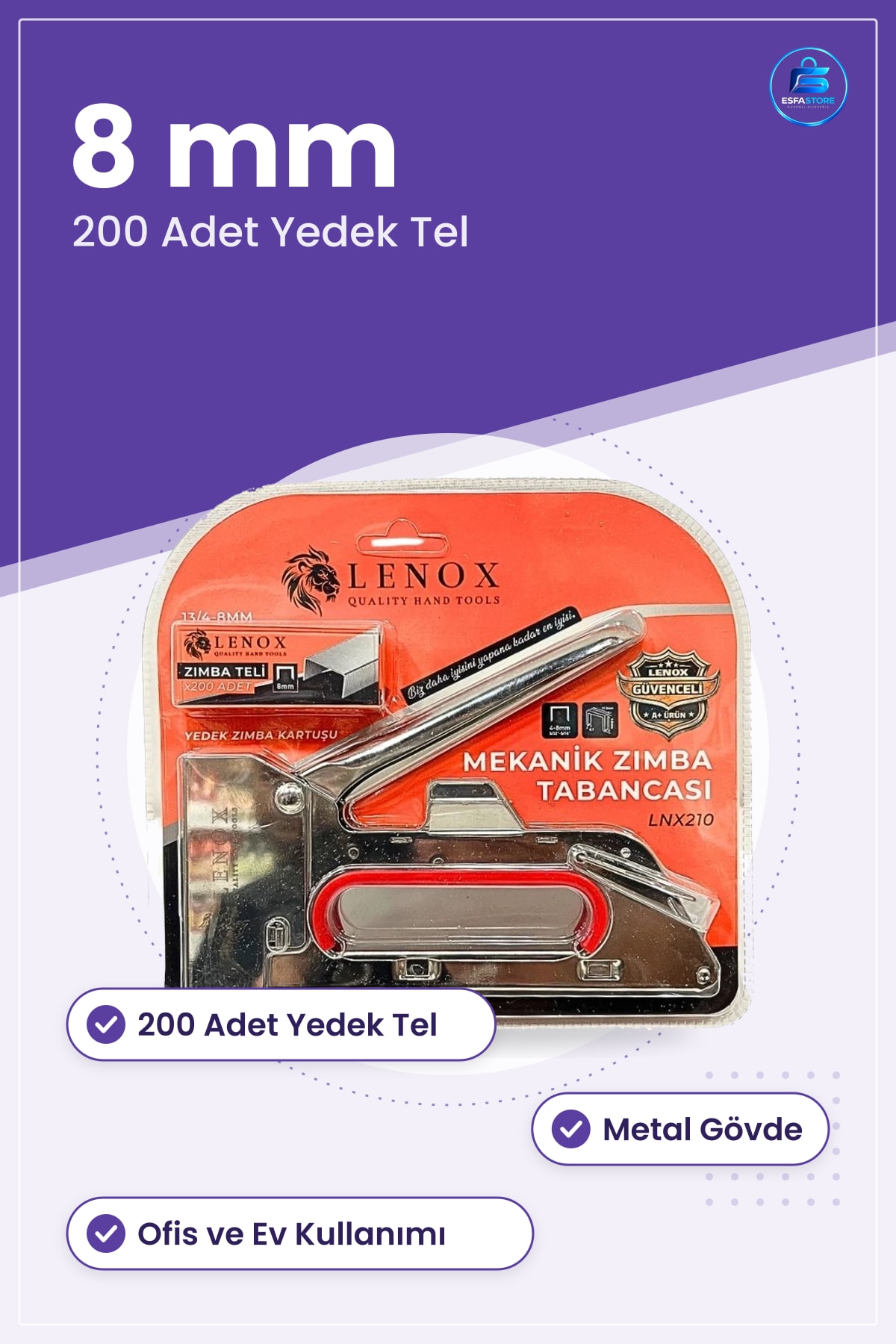 Mekanik Zımba Tabancası 8 mm Tel 200 Adet Yedek Kartuşlu Ofis Ev Kırtasiye Malzemesi
