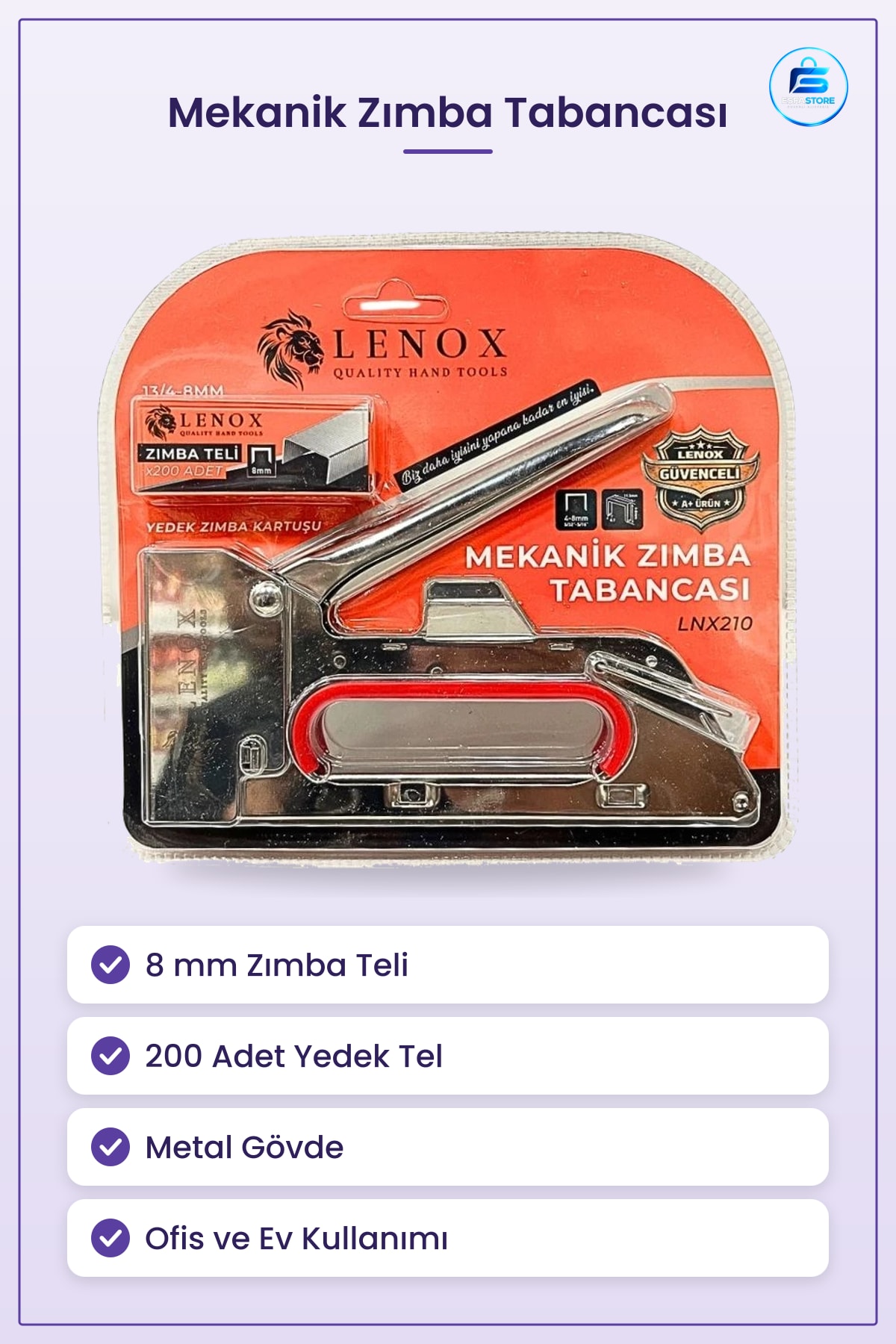 Mekanik Zımba Tabancası 8 mm Tel 200 Adet Yedek Kartuşlu Ofis Ev Kırtasiye Malzemesi