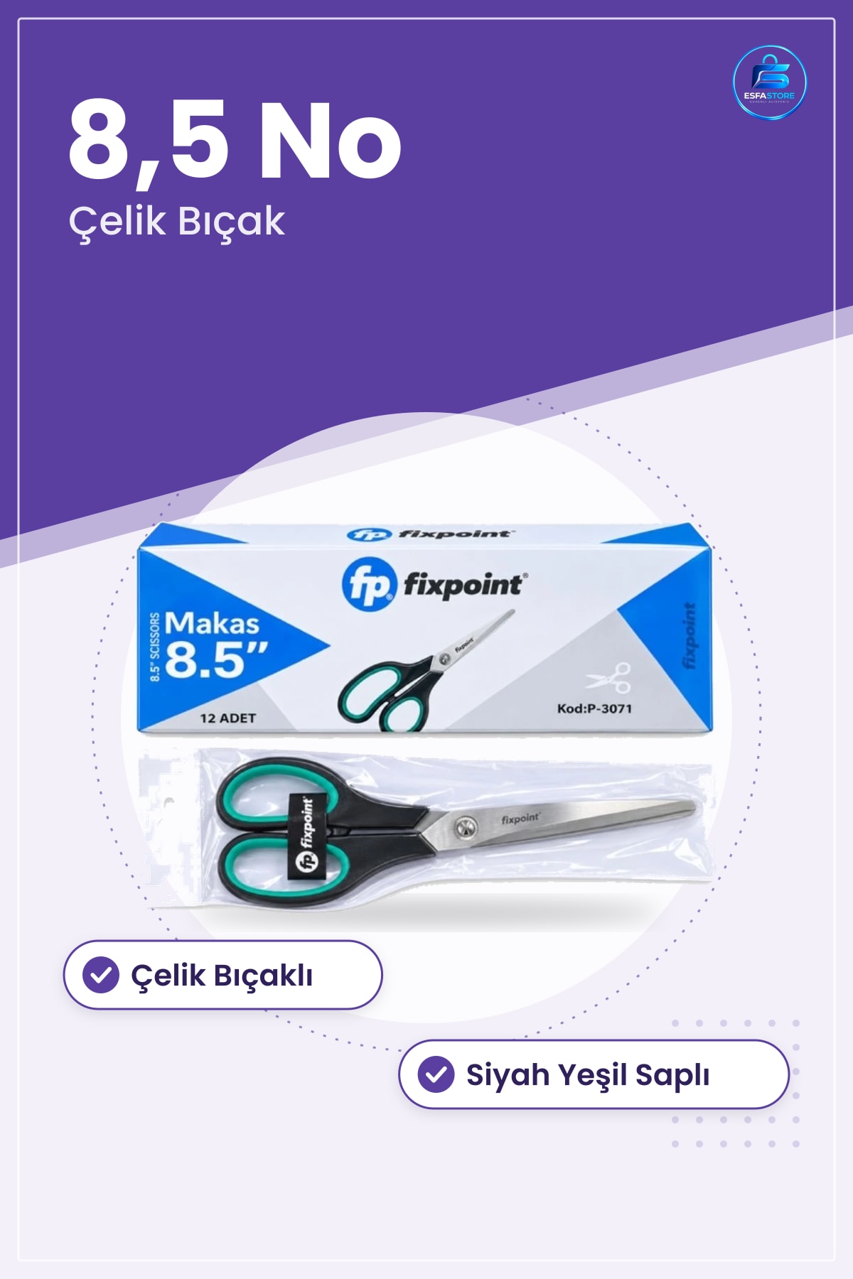 Makas 8,5 No Kırtasiye Ofis Okul Kesim Siyah Yeşil Saplı Çelik Bıçaklı Kesme Aracı