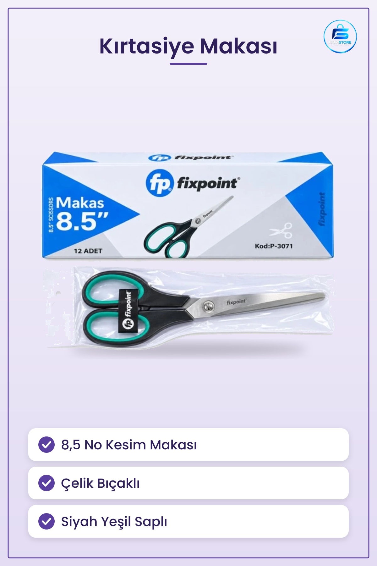 Makas 8,5 No Kırtasiye Ofis Okul Kesim Siyah Yeşil Saplı Çelik Bıçaklı Kesme Aracı