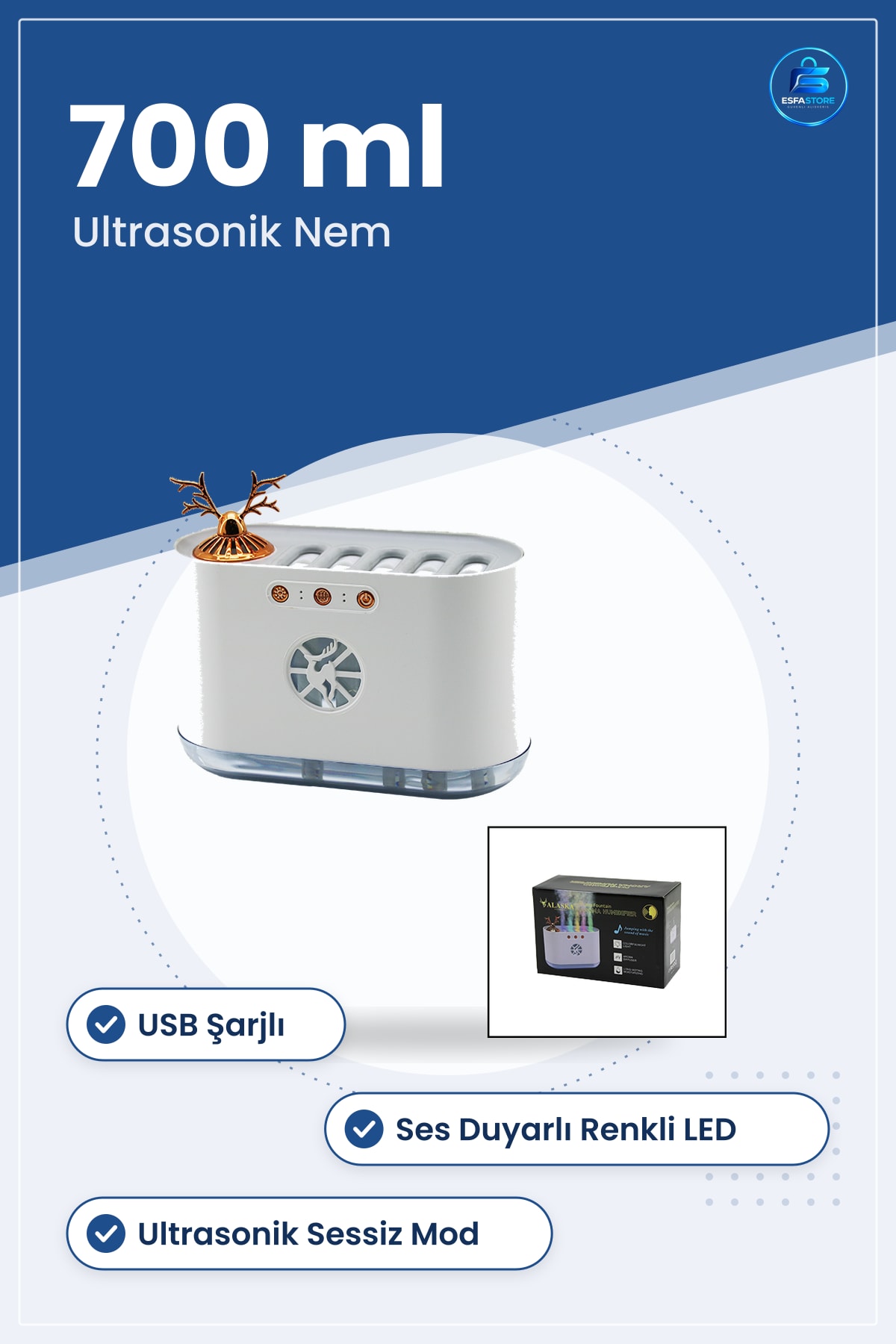 Hava Nemlendirici 700ml Geyik Figürlü USB Şarjlı Ses Duyarlı Renkli LED Ev Ofis Ultrasonik