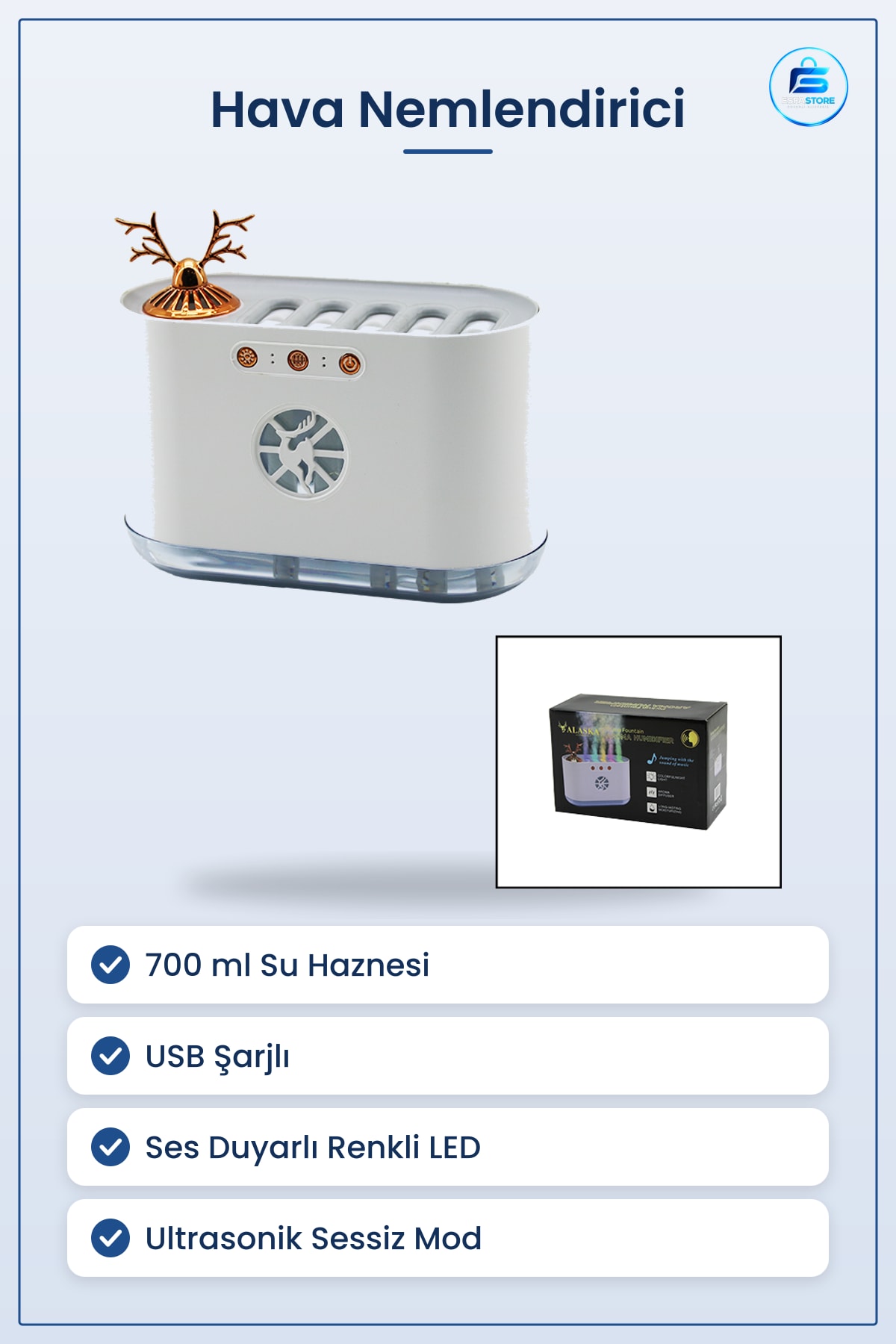 Hava Nemlendirici 700ml Geyik Figürlü USB Şarjlı Ses Duyarlı Renkli LED Ev Ofis Ultrasonik