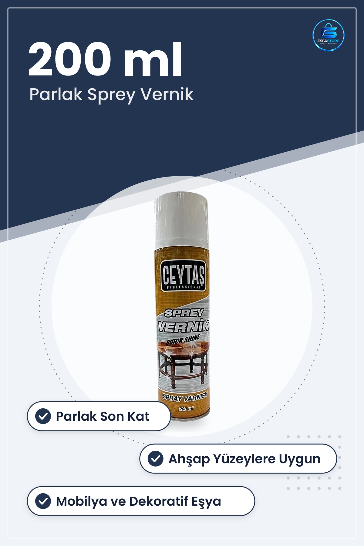 Sprey Vernik 200 ml Parlak Görünüm Ahşap Yüzeyler İçin Son Kat Kaplama Mobilya Dekoratif