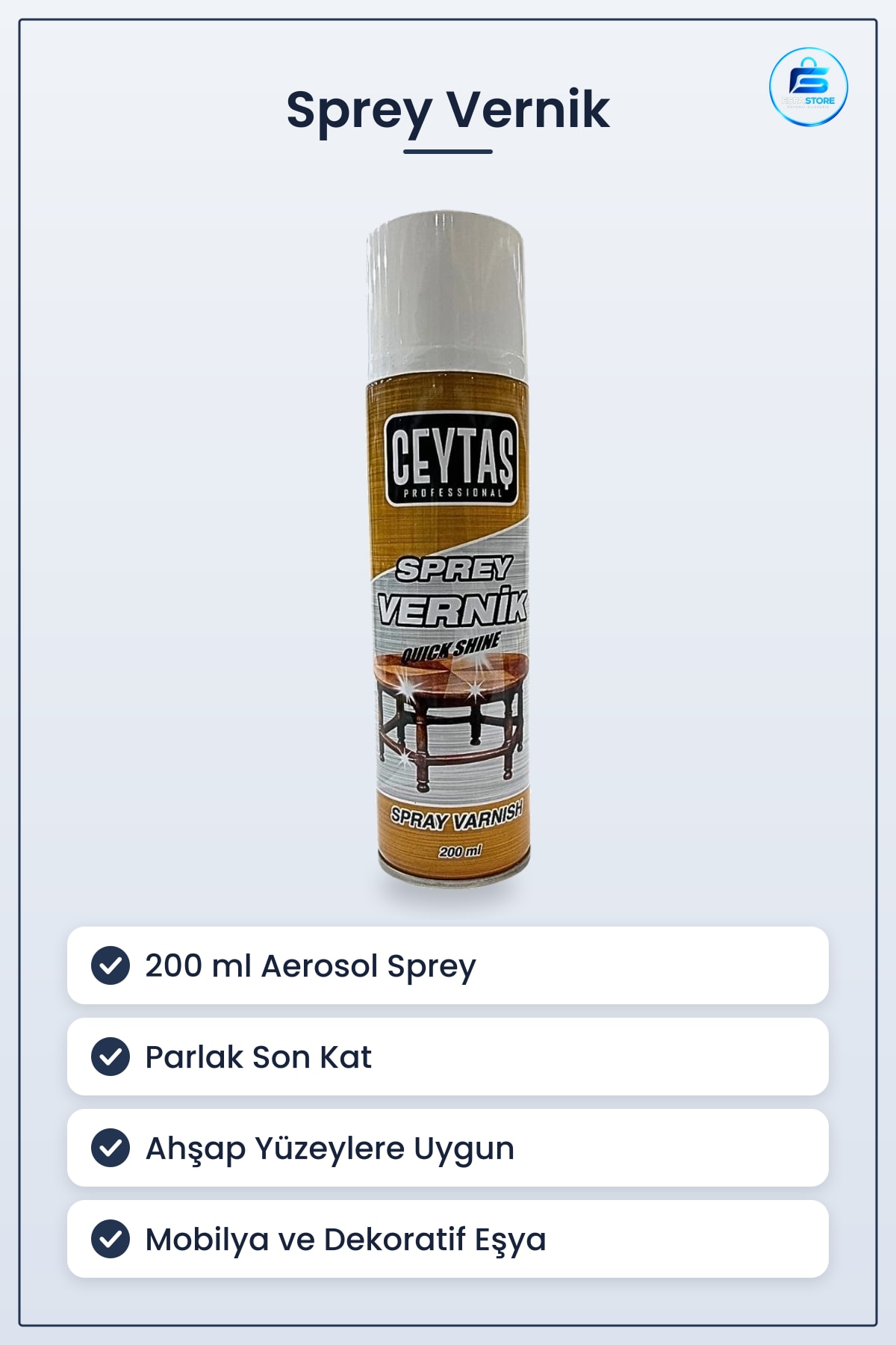Sprey Vernik 200 ml Parlak Görünüm Ahşap Yüzeyler İçin Son Kat Kaplama Mobilya Dekoratif