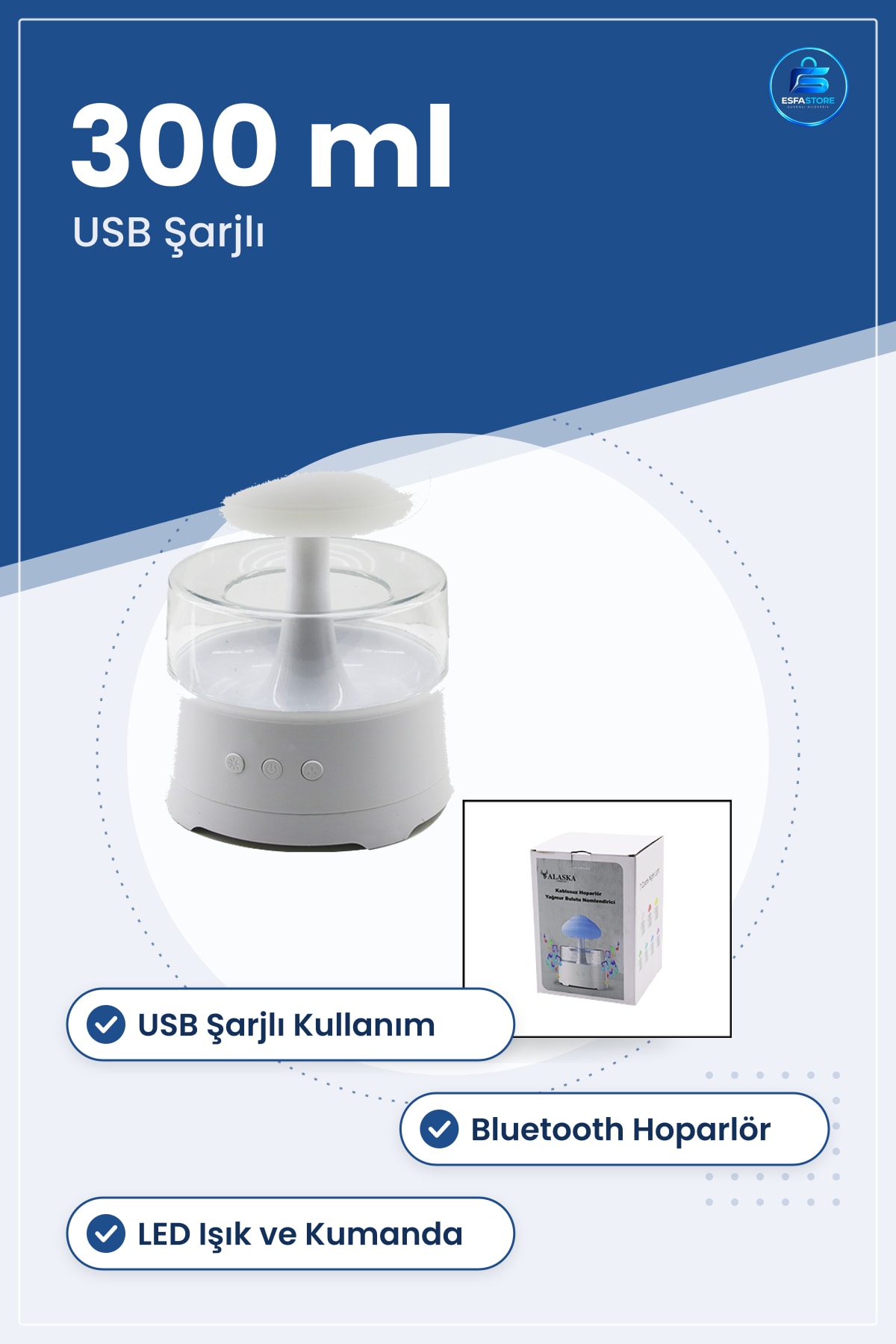 Hava Nemlendirici 300 ml USB Şarjlı Bluetooth Hoparlörlü LED Kumandalı Yağmur Bulutu Ev Ofis