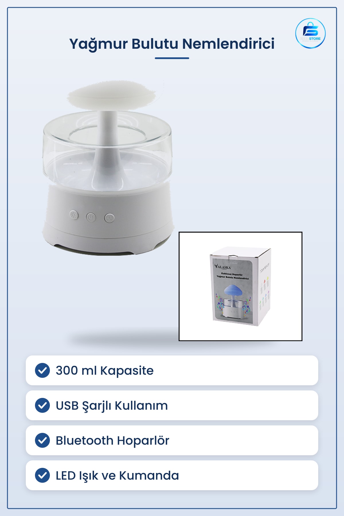 Hava Nemlendirici 300 ml USB Şarjlı Bluetooth Hoparlörlü LED Kumandalı Yağmur Bulutu Ev Ofis