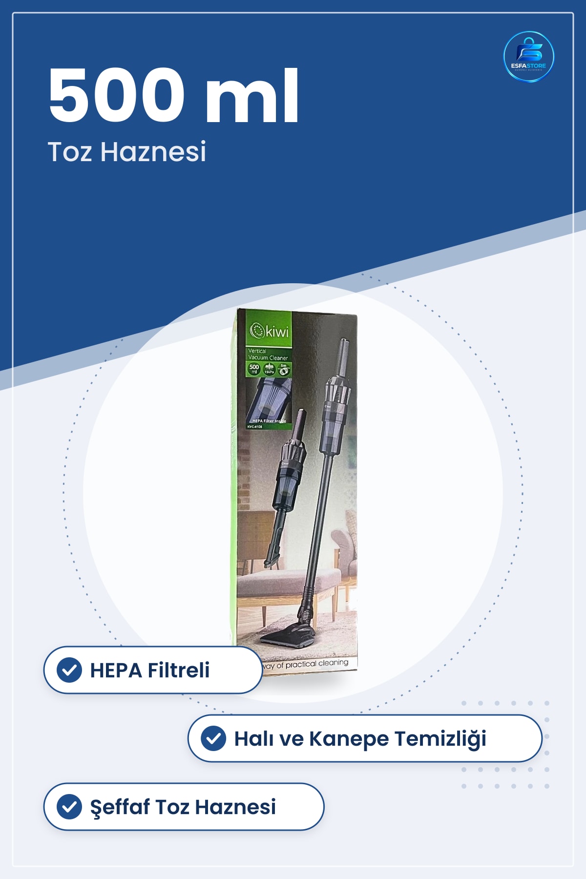 Dikey Elektrikli Dik Süpürge 500 ml HEPA Filtreli Ev Halı ve Kanepe Temizliği İçin