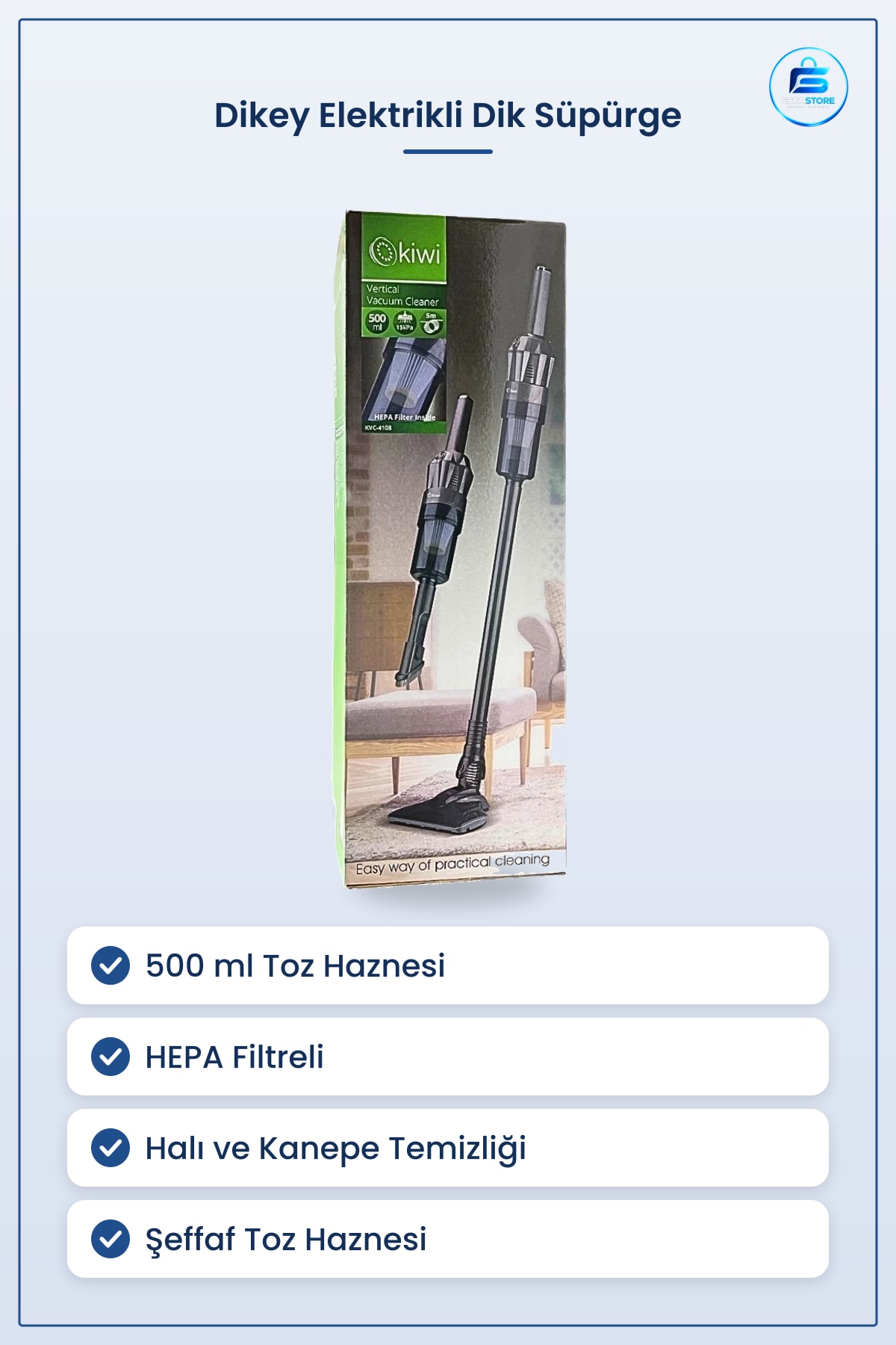 Dikey Elektrikli Dik Süpürge 500 ml HEPA Filtreli Ev Halı ve Kanepe Temizliği İçin
