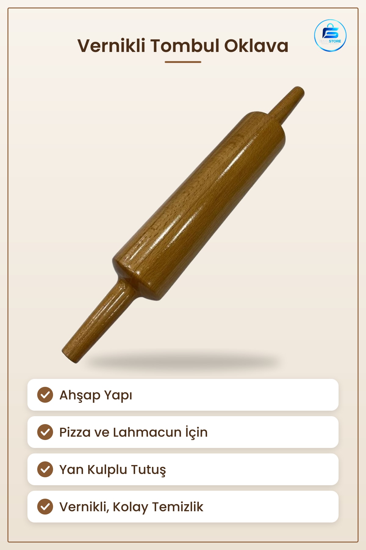 Oklava Vernikli Tombul Merdane Pizza Lahmacun Hamur Açma Ahşap Mutfak Ev Yemek Hazırlık