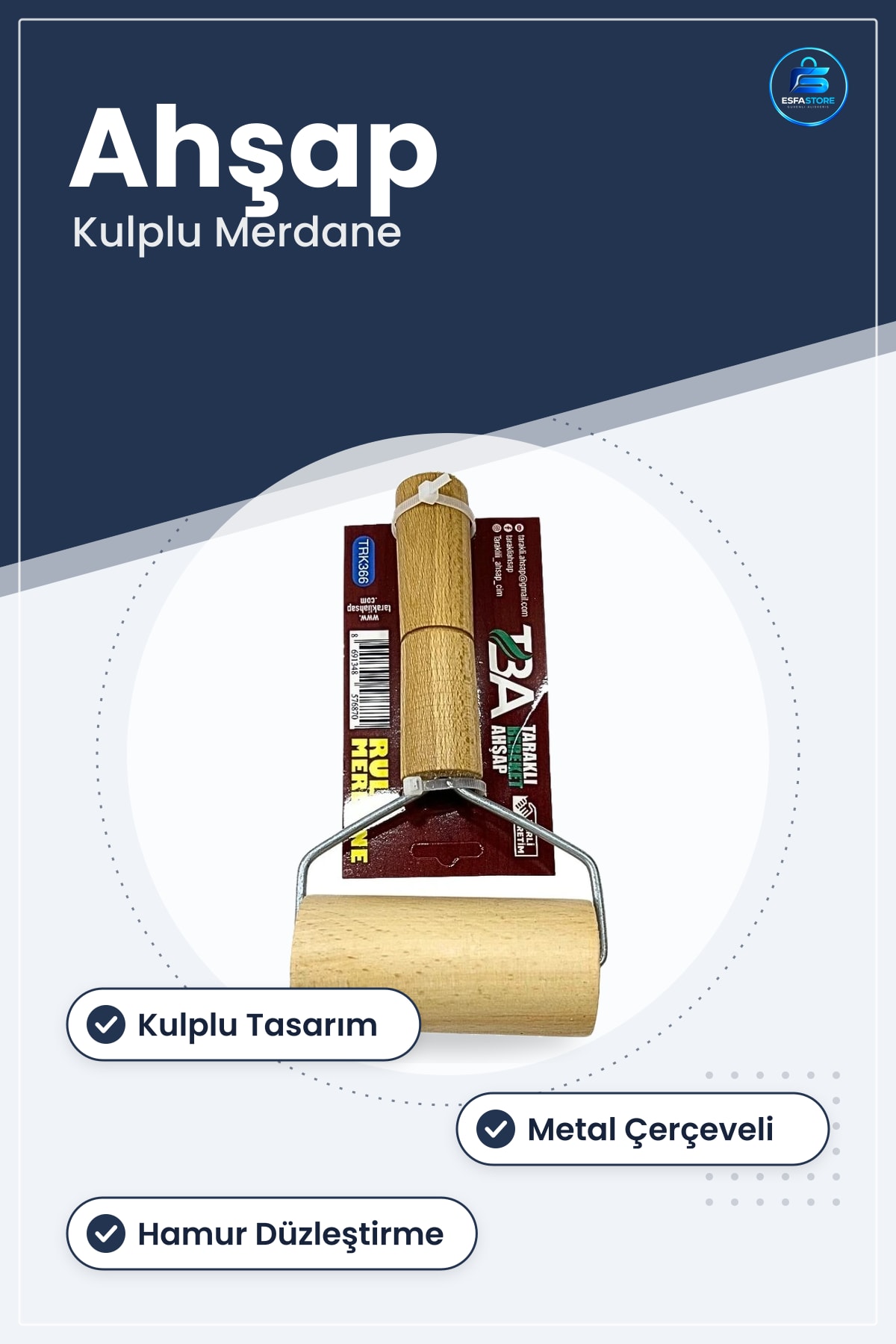 Ahşap Rulo Merdane Kulplu Hamur ve Boya Düzleştirici Mutfak Atölye Ev Yapım Aracı Hobi Malzemesi