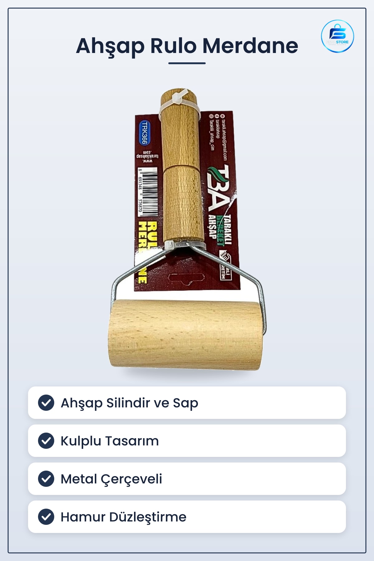Ahşap Rulo Merdane Kulplu Hamur ve Boya Düzleştirici Mutfak Atölye Ev Yapım Aracı Hobi Malzemesi