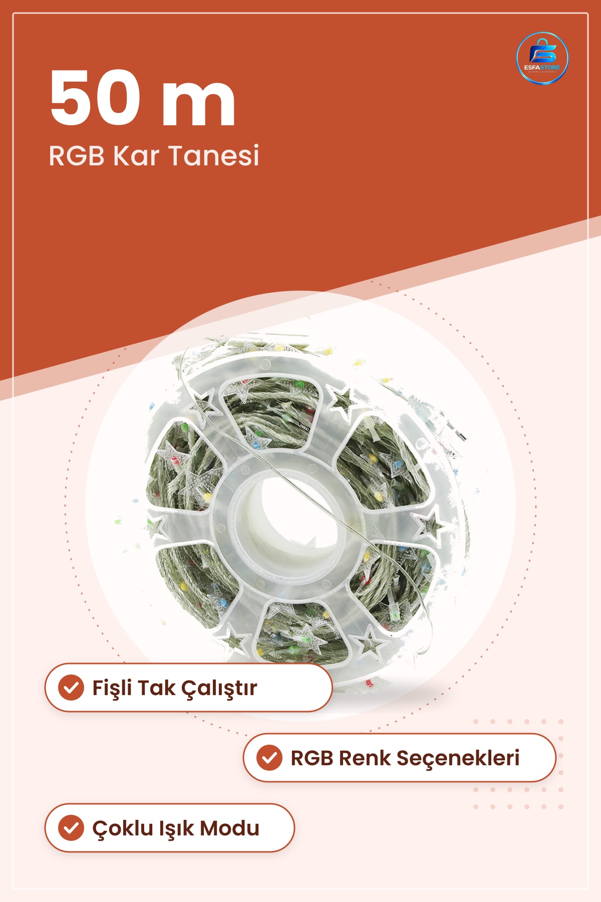 LED Şerit 50 m RGB Kar Tanesi Fişli Yılbaşı Dekoratif Aydınlatma İç Dt Mekan Süsleme