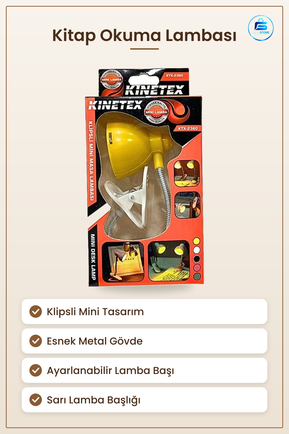 Kitap Okuma Lambası Klipsli Mini Masa Esnek Gövdeli Sarı Ayarlanabilir Baş Yatak Aydınlatma