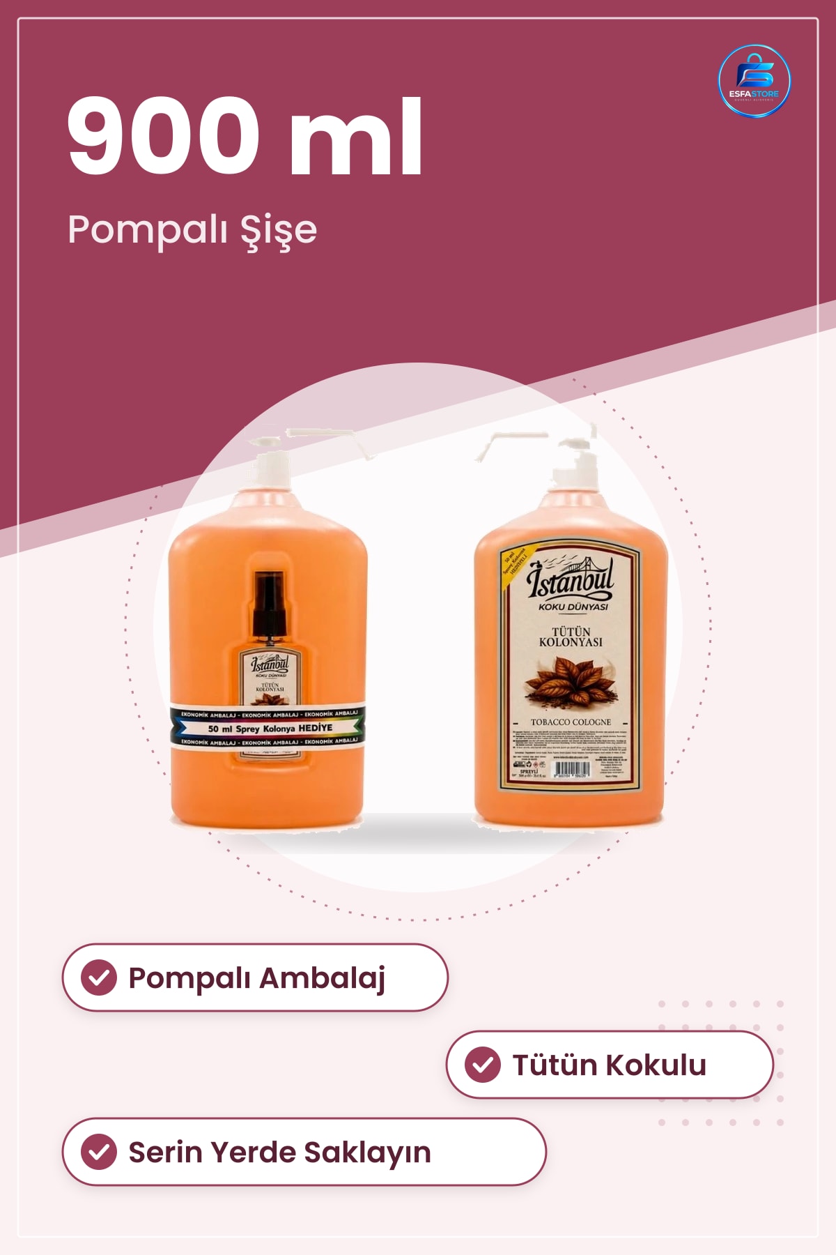 Kolonya 900 ml Pompalı Tütün Kolonyası Kişisel Bakım Hijyen Pratik Kullanım Ev Seyahat