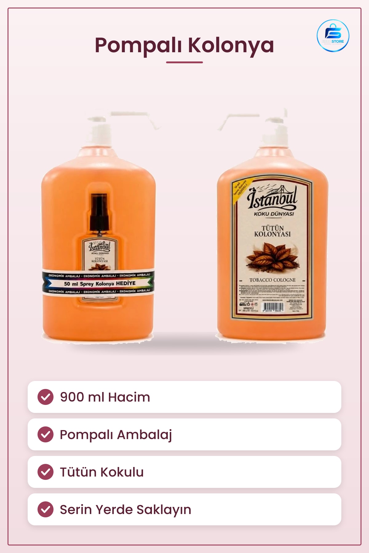 Kolonya 900 ml Pompalı Tütün Kolonyası Kişisel Bakım Hijyen Pratik Kullanım Ev Seyahat