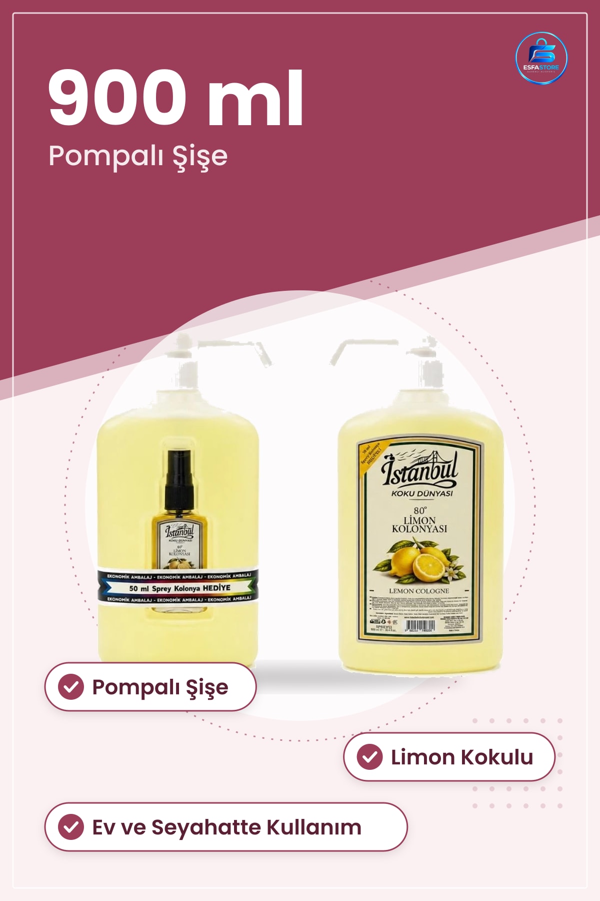 Kolonya 900 ml Pompalı Limon Kolonyası Kişisel Bakım Hijyen Pratik Kullanım Ev Seyahat