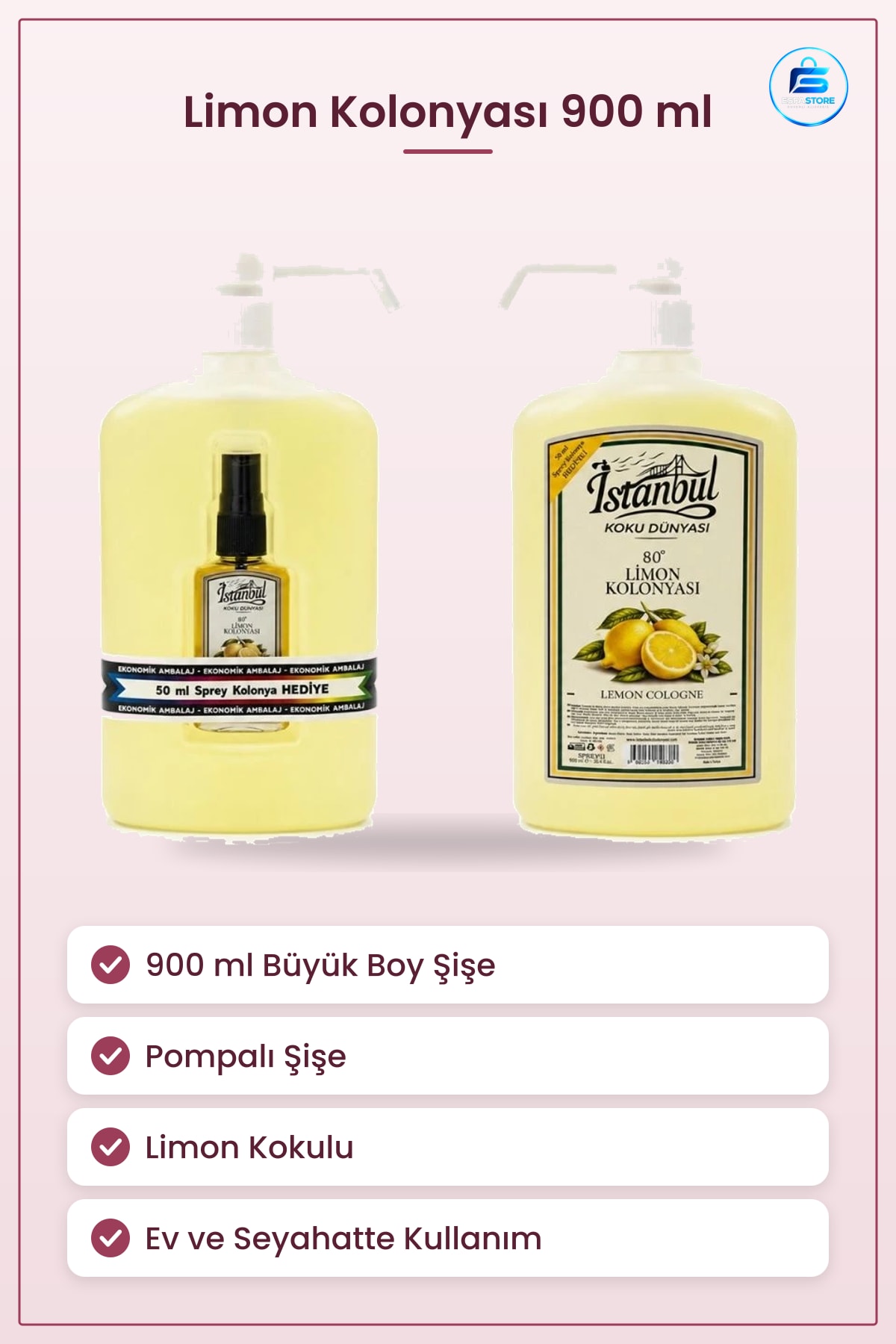 Kolonya 900 ml Pompalı Limon Kolonyası Kişisel Bakım Hijyen Pratik Kullanım Ev Seyahat