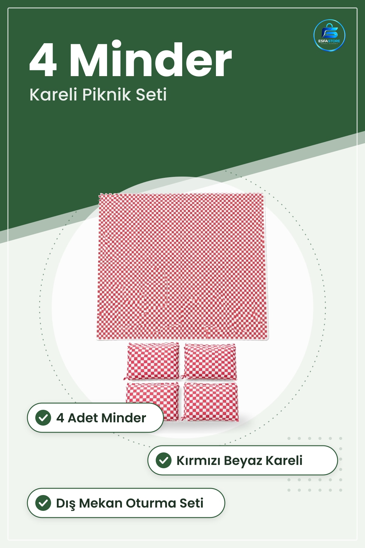 4 Minderli Piknik Örtüsü Kırmızı Beyaz Kareli Dış Mekan Oturma Dinlenme Açık Hava Seti