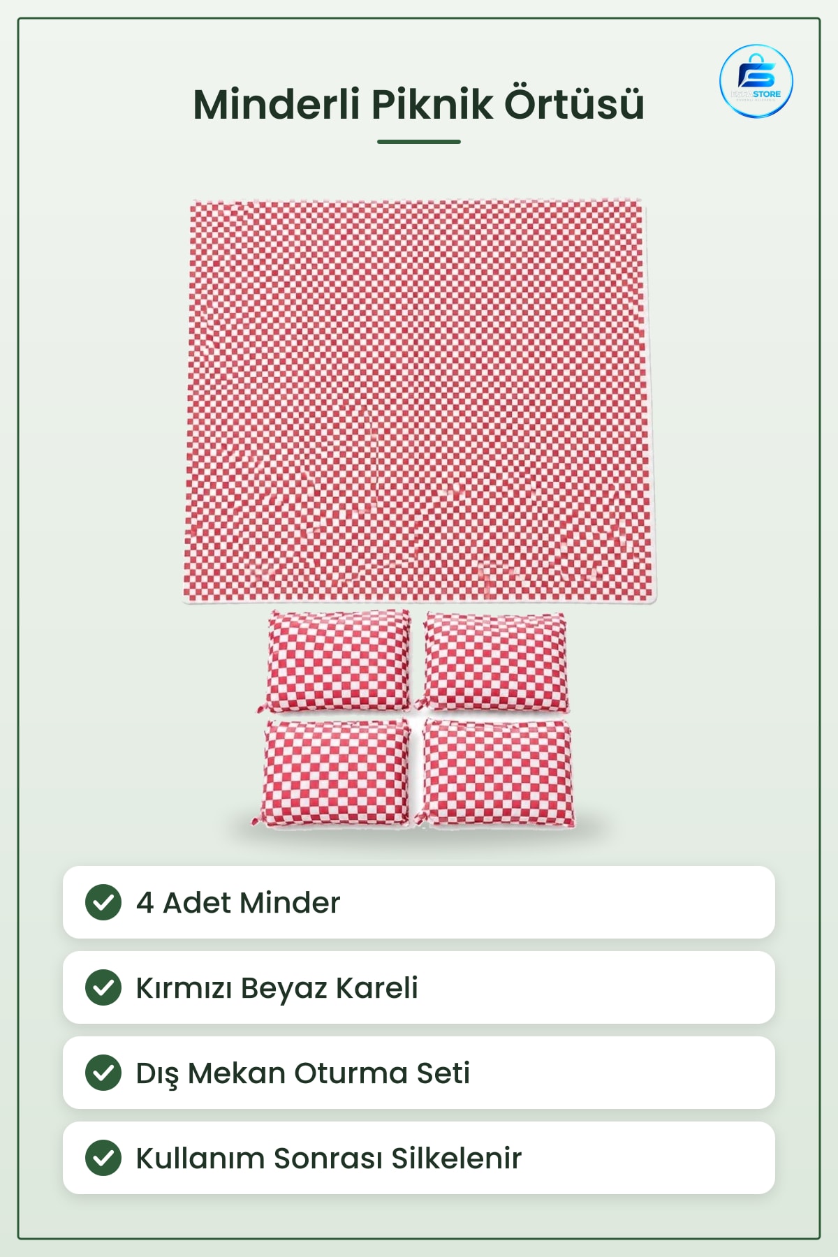 4 Minderli Piknik Örtüsü Kırmızı Beyaz Kareli Dış Mekan Oturma Dinlenme Açık Hava Seti