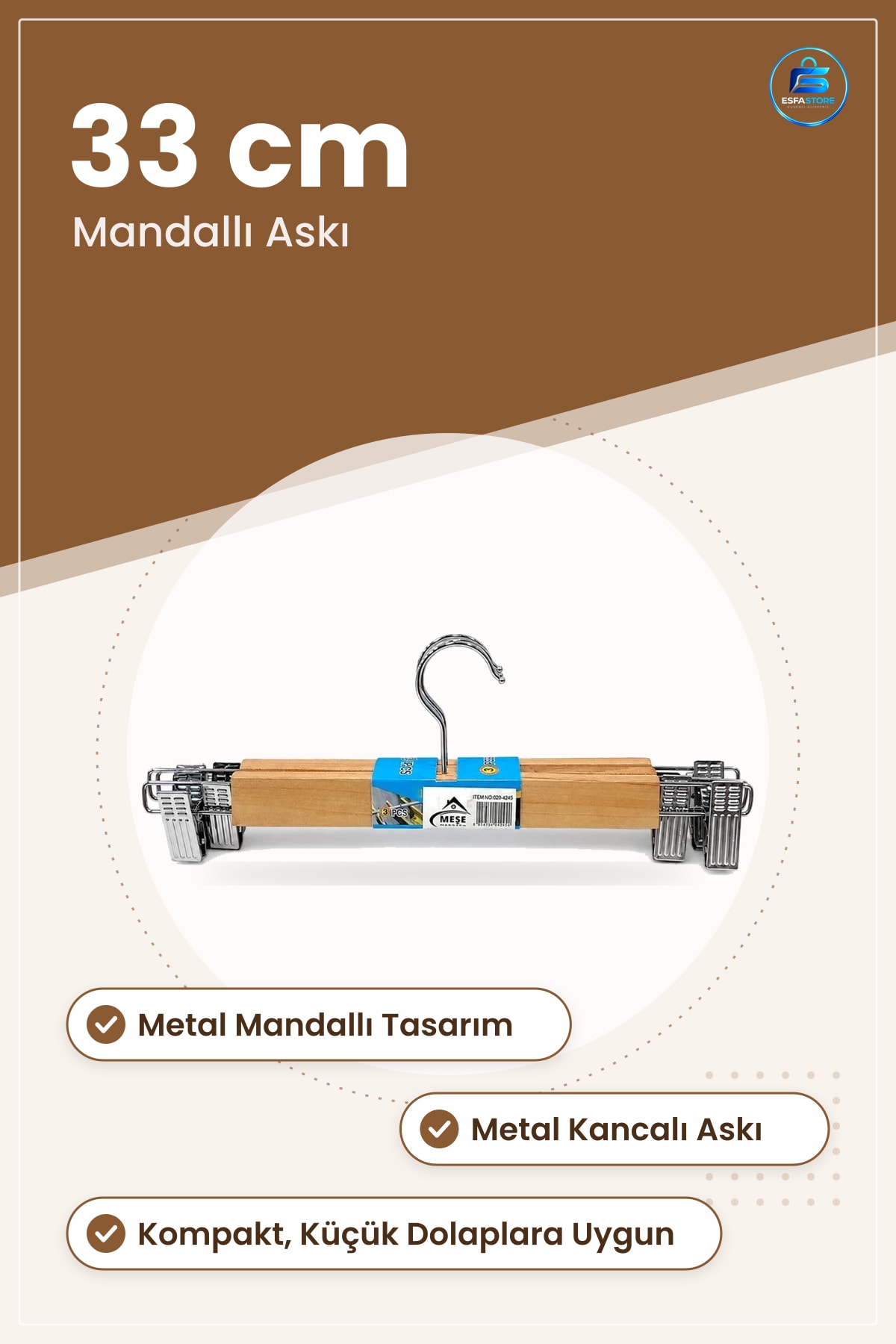 Ahşap Mandallı Etek Askısı 33 cm Pantolon Kıyafet Dolap Düzenleyici Gardırop Düzenleme Aparatı