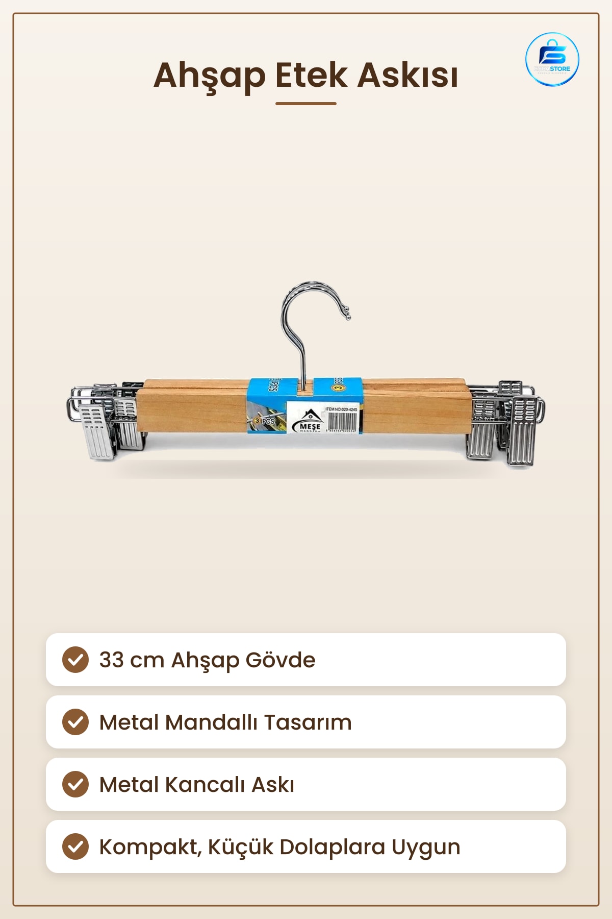 Ahşap Mandallı Etek Askısı 33 cm Pantolon Kıyafet Dolap Düzenleyici Gardırop Düzenleme Aparatı