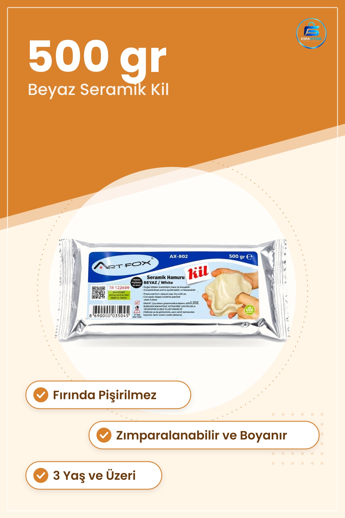 Seramik Kil 500 gr Beyaz Fırında Pişirmez Oyun Hamuru Modelleme Heykel Çocuk Hobi Çalışması