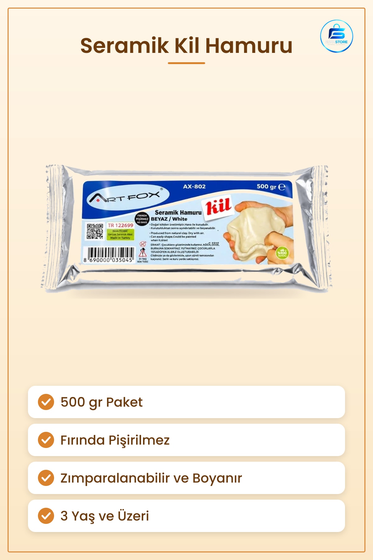 Seramik Kil 500 gr Beyaz Fırında Pişirmez Oyun Hamuru Modelleme Heykel Çocuk Hobi Çalışması