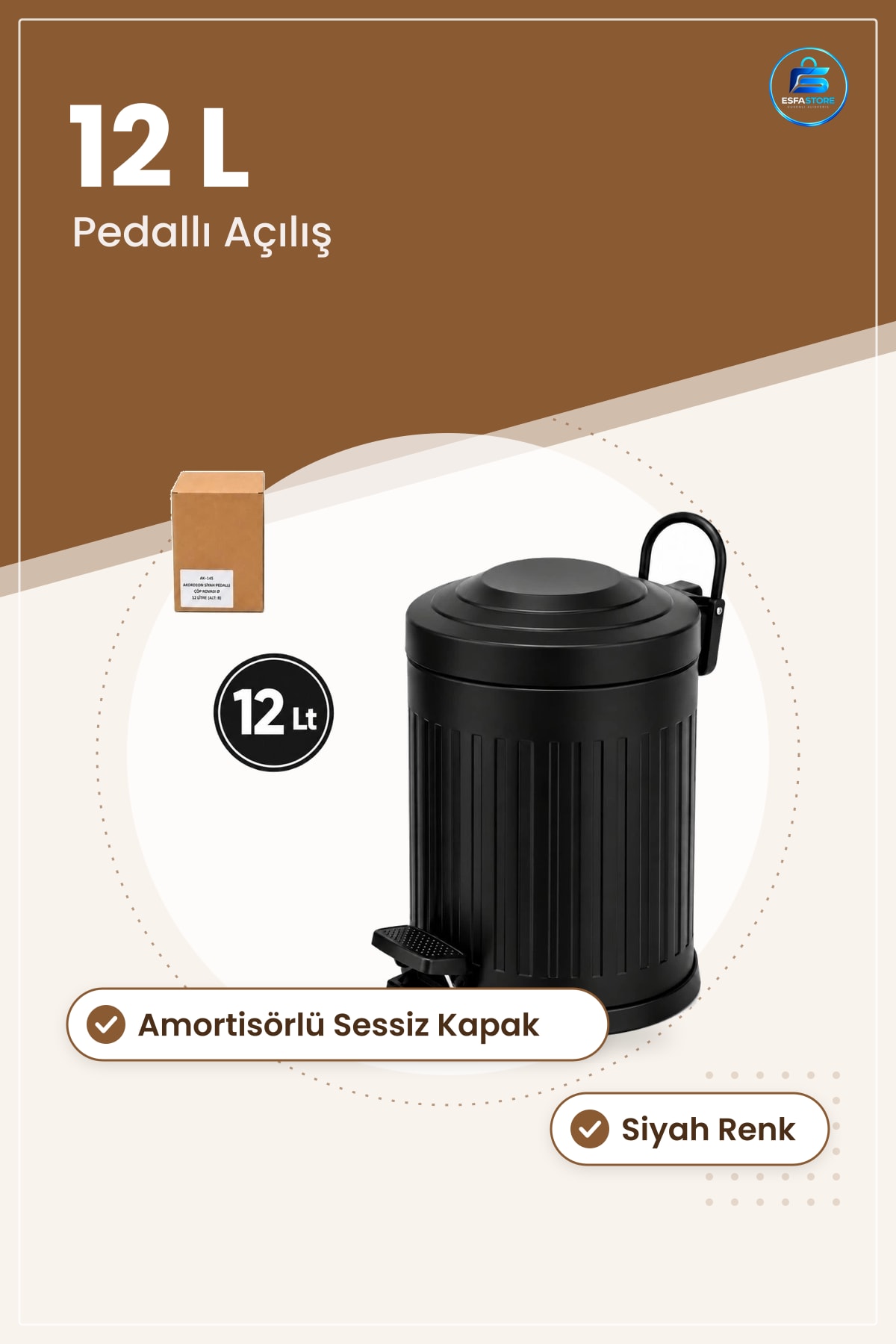 Pedallı Çöp Kovası 12 L Siyah Amortisörlü Kapaklı Banyo Mutfak Ev Sessiz Kapanışlı Hijyenik