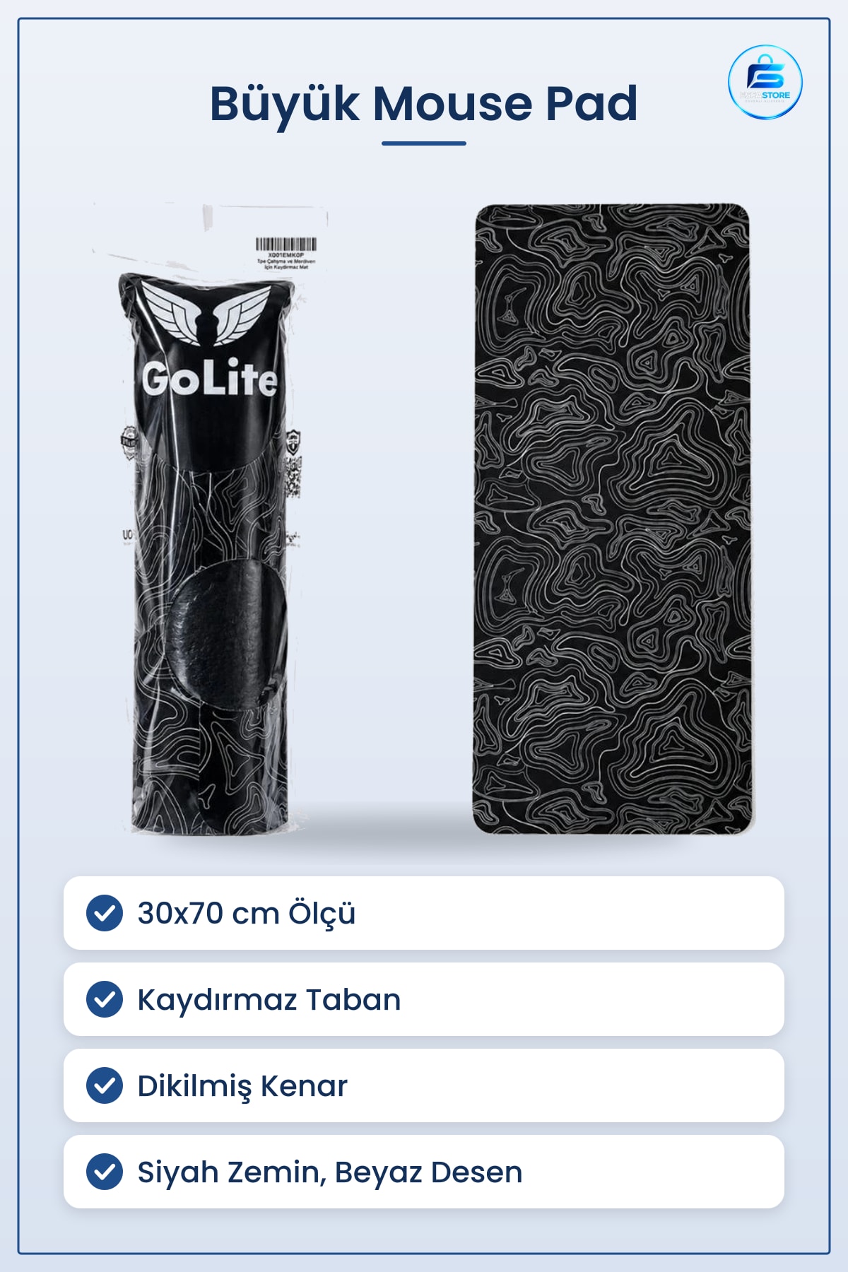 Büyük Mouse Pad 30x70 cm Kaydırmaz Taban Dikilmiş Kenar Ofis Oyun Bilgisayar Masa Mat Siyah Desenli