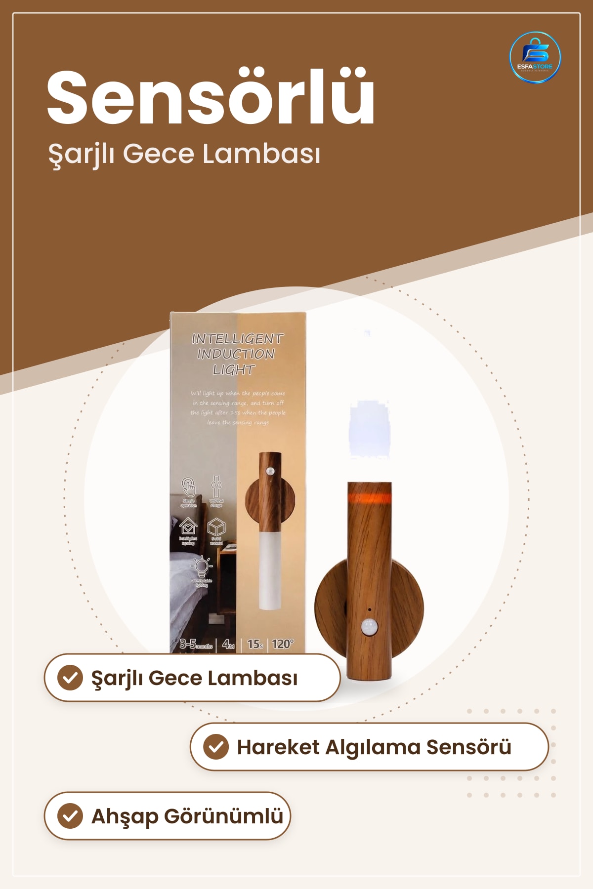 Şarjlı Gece Lambası Aplik Hareket Sensörlü Ahşap Görünümlü Duvar Yatak Odası Koridor Merdiven
