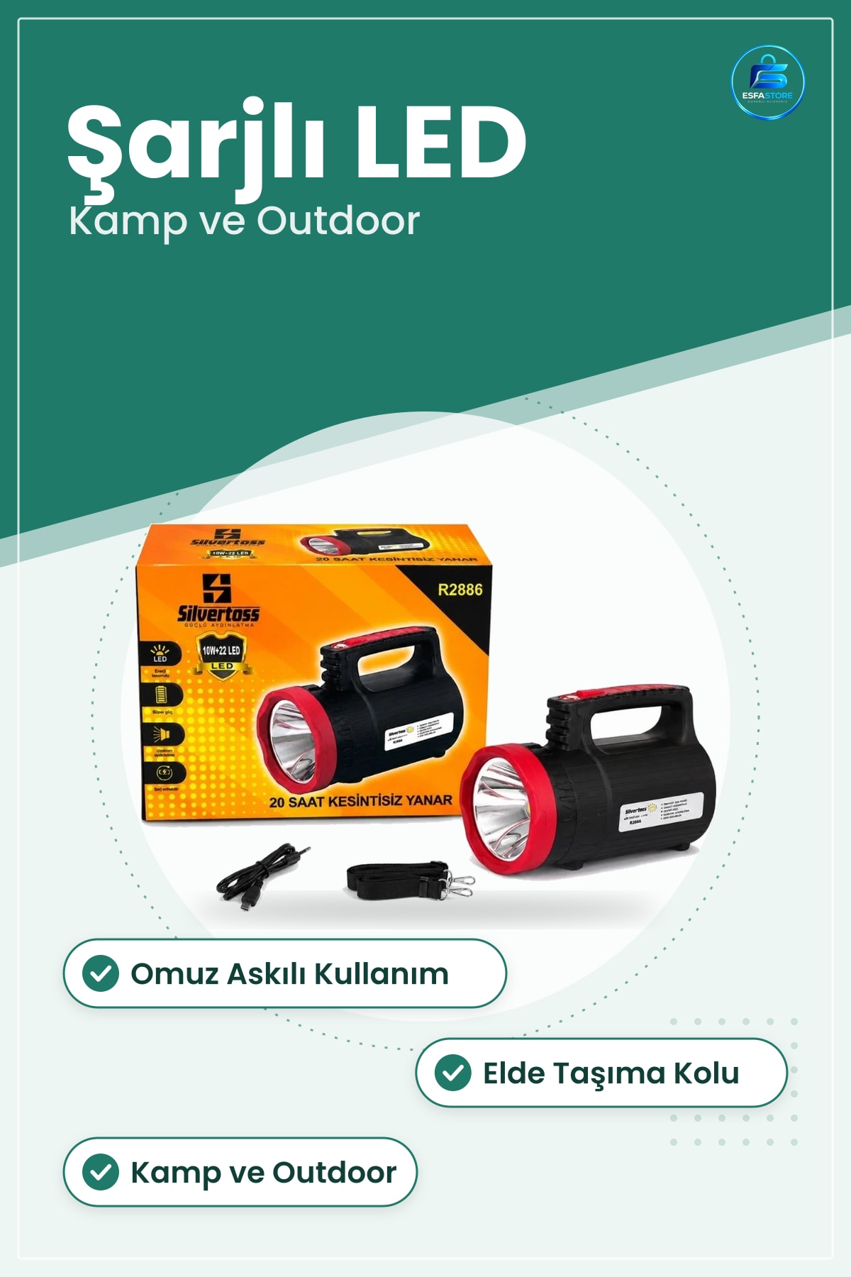 El Feneri Büyük Şarjlı 10W 22 LED Omuz Askılı 20 Saat Kesintisiz Yanar Kamp ve Outdoor