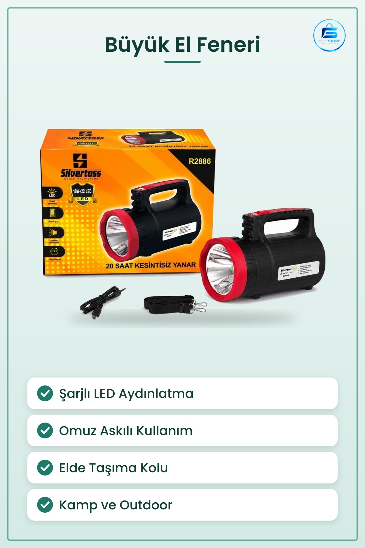 El Feneri Büyük Şarjlı 10W 22 LED Omuz Askılı 20 Saat Kesintisiz Yanar Kamp ve Outdoor