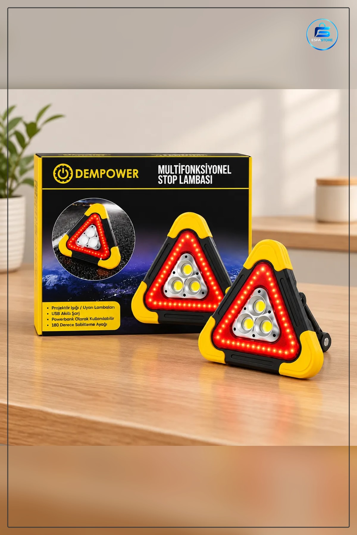 Multifonksiyonel Stop Lambası Üçgen Uyarı Işığı Projektör Powerbank USB Şarjlı Araç Acil Durum