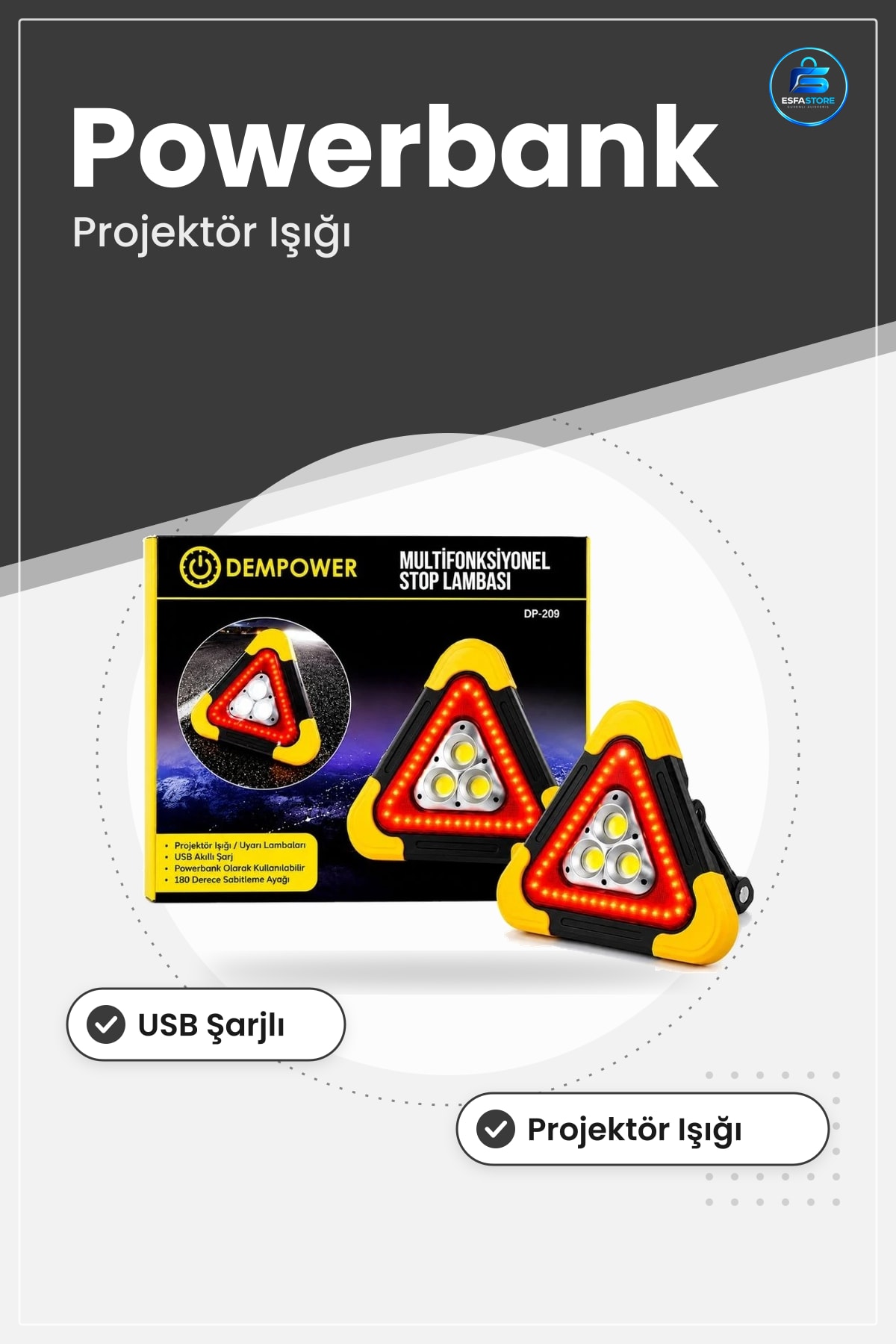 Multifonksiyonel Stop Lambası Üçgen Uyarı Işığı Projektör Powerbank USB Şarjlı Araç Acil Durum