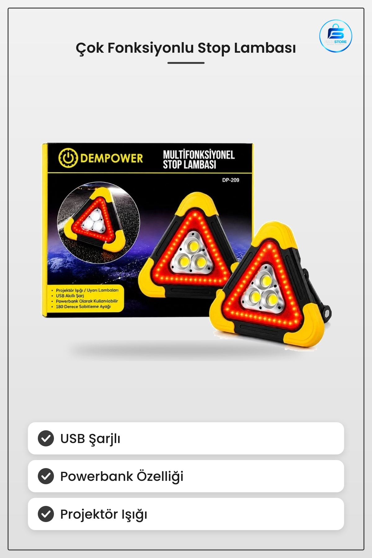 Multifonksiyonel Stop Lambası Üçgen Uyarı Işığı Projektör Powerbank USB Şarjlı Araç Acil Durum